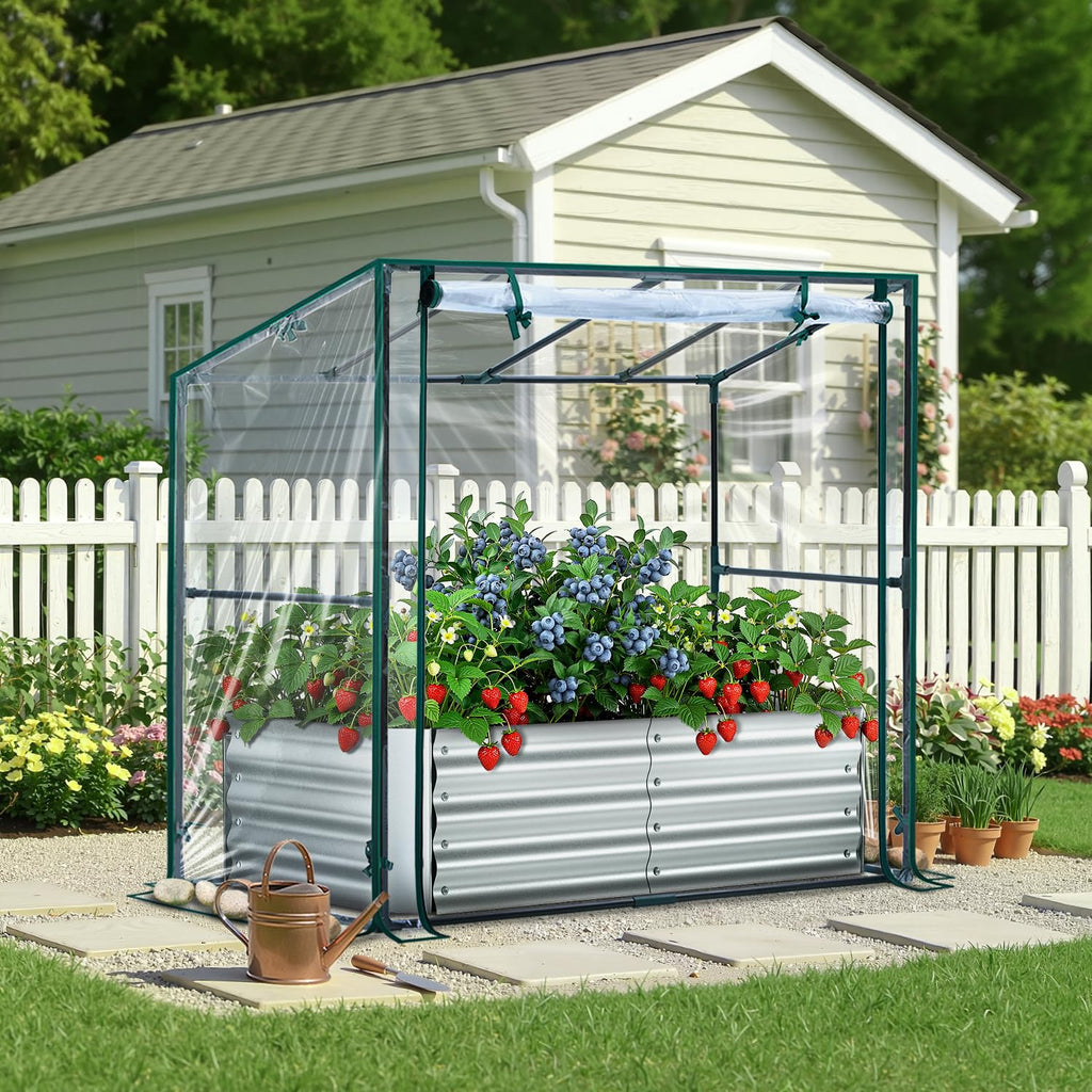 Ohuhu 8x4x1 FT Raised Garden Bed with Cover, 3-in-1 Galvanized Metal Planter Box with Greenhouse for Outdoor Plants, Dual-Side Access for Easy Plant Care, All-Season Frost & Pest Protection