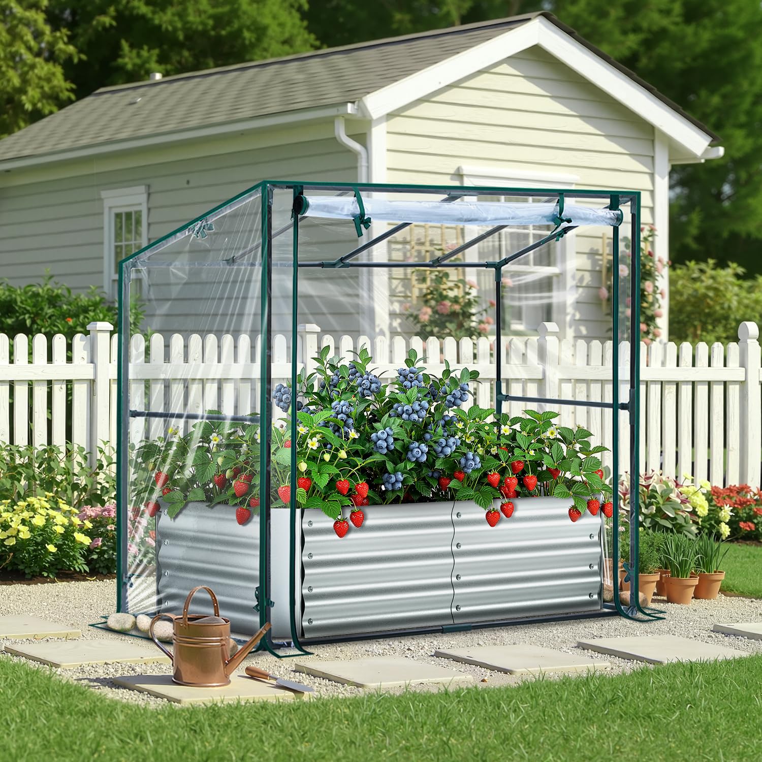 Ohuhu 8x4x1 FT Raised Garden Bed with Cover, 3-in-1 Galvanized Metal Planter Box with Greenhouse for Outdoor Plants, Dual-Side Access for Easy Plant Care, All-Season Frost & Pest Protection