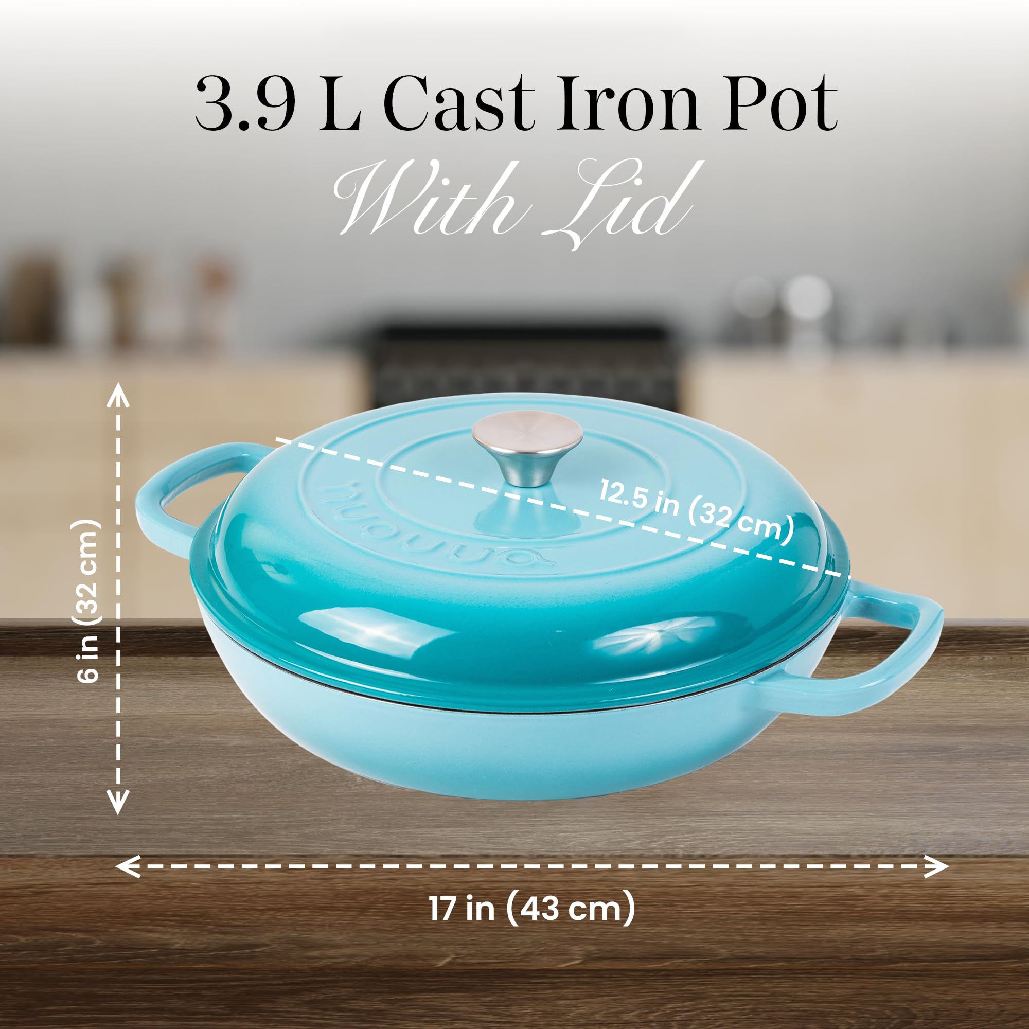 Shallow Cast Iron Casserole with Lid – Non Stick Dutch Oven Pot, Oven Safe up to 500° F – Sturdy Ovenproof Stockpot Cookware – Enamelled Cooking Pot – Black, 5-Quart, 32cm – by Nuovva