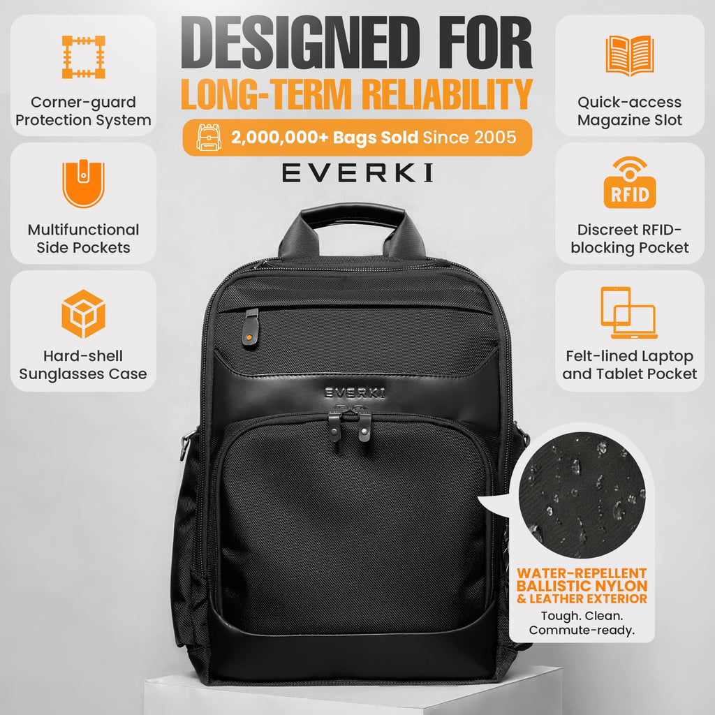 EVERKI Onyx 25L Business Laptop Backpack – Professional Travel Backpack for Men & Women, Laptop Bag with Premium Leather Ballistic & Nylon, Office & Flight Approved, Fits Laptops up to 15.6” - Black