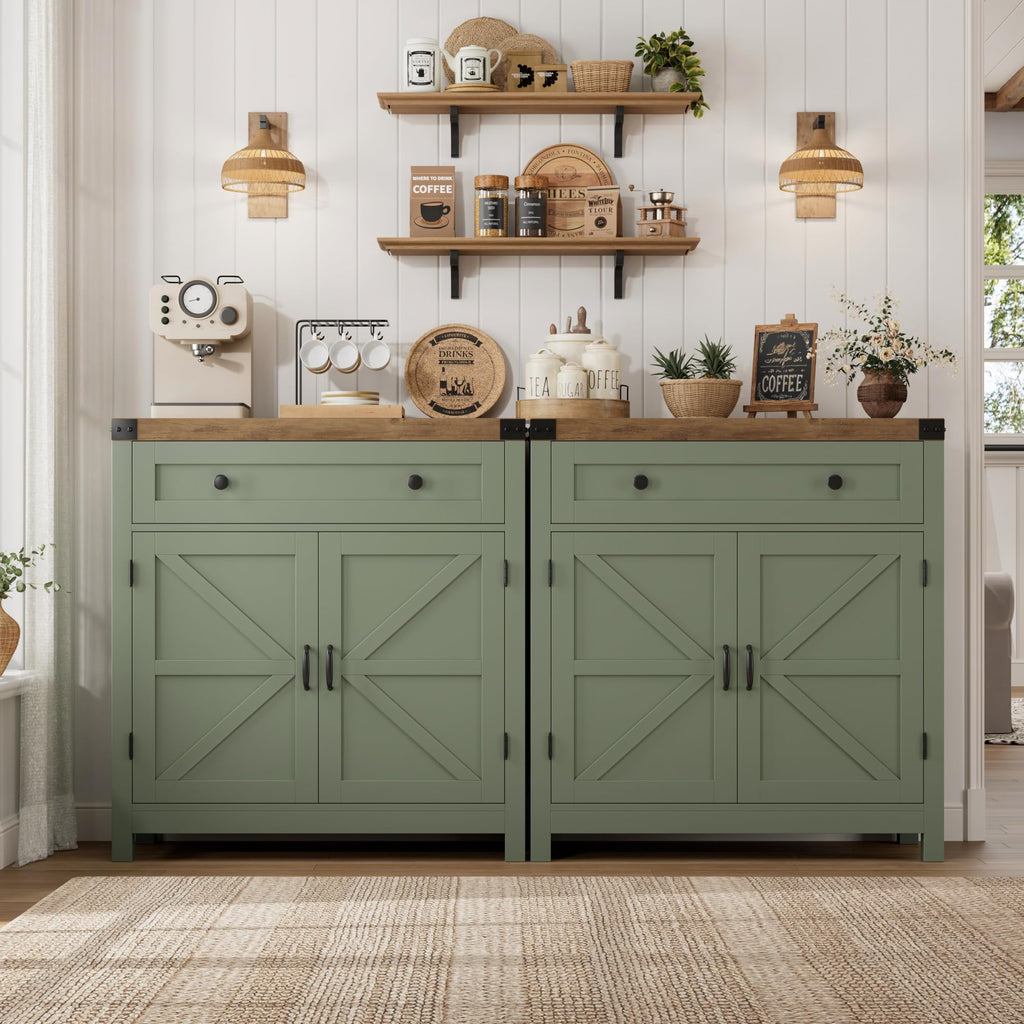 HOSTACK Coffee Bar Cabinet, Kitchen Storage Cabinet, Modern Farmhouse Buffet Sideboard with Drawer and Adjustable Shelf, Barn Door Accent Cabinets for Kitchen, Dining Room, Entryway, Ash Grey