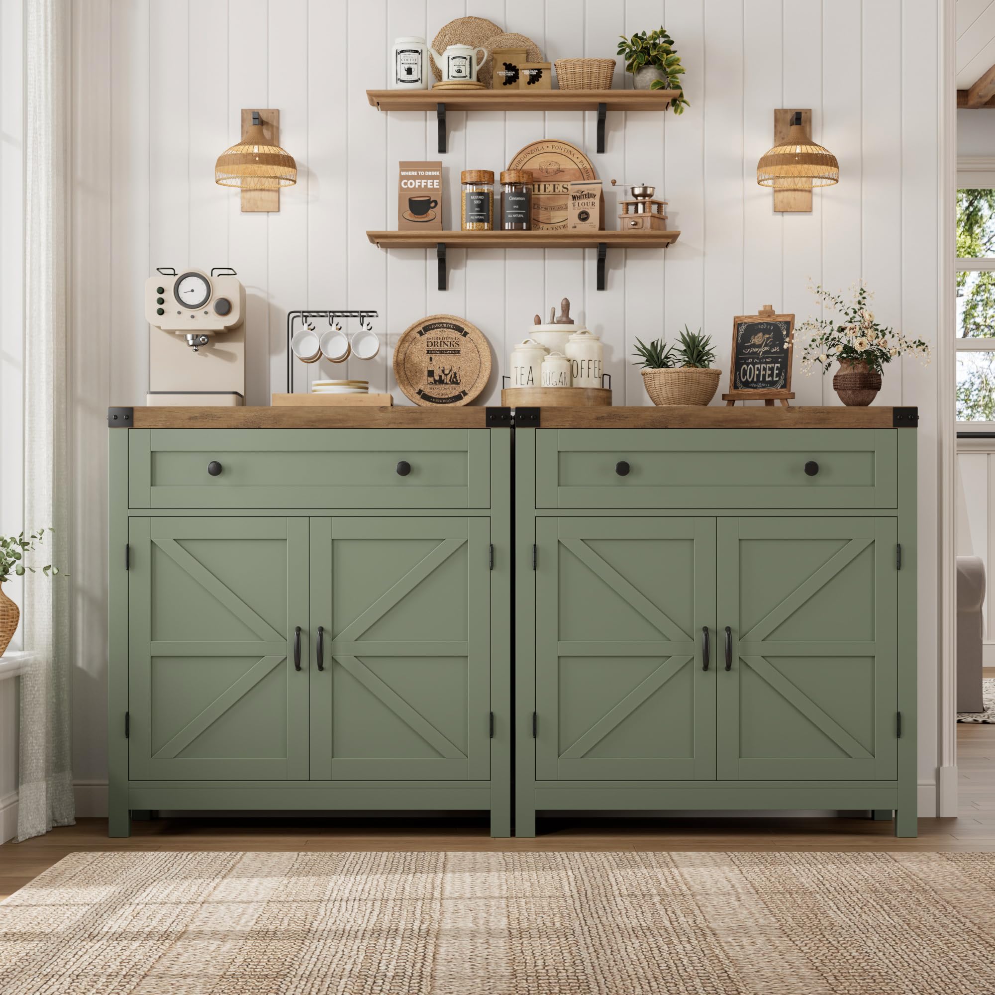 HOSTACK Coffee Bar Cabinet, Kitchen Storage Cabinet, Modern Farmhouse Buffet Sideboard with Drawer and Adjustable Shelf, Barn Door Accent Cabinets for Kitchen, Dining Room, Entryway, Ash Grey