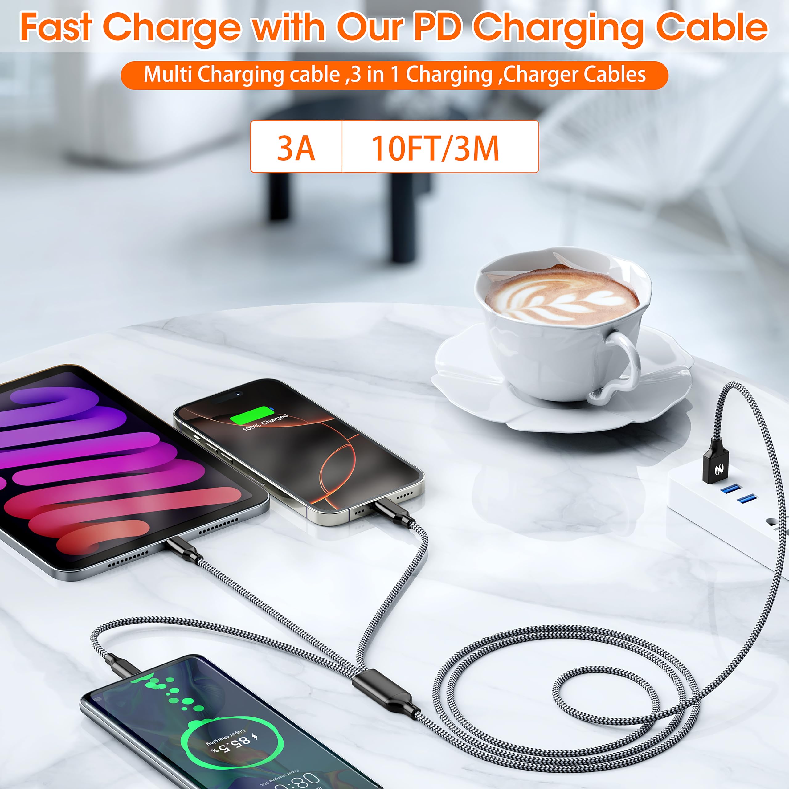 Multi Charging Cable 4ft 2Pack USB Charger 3 in 1, Multi iPhone Charger Cable Nylon Braided Apple MFi Certified USB Fast Charging Cord with Type-C/USB C Micro Lightning for Phone iPad iPhone Tablet