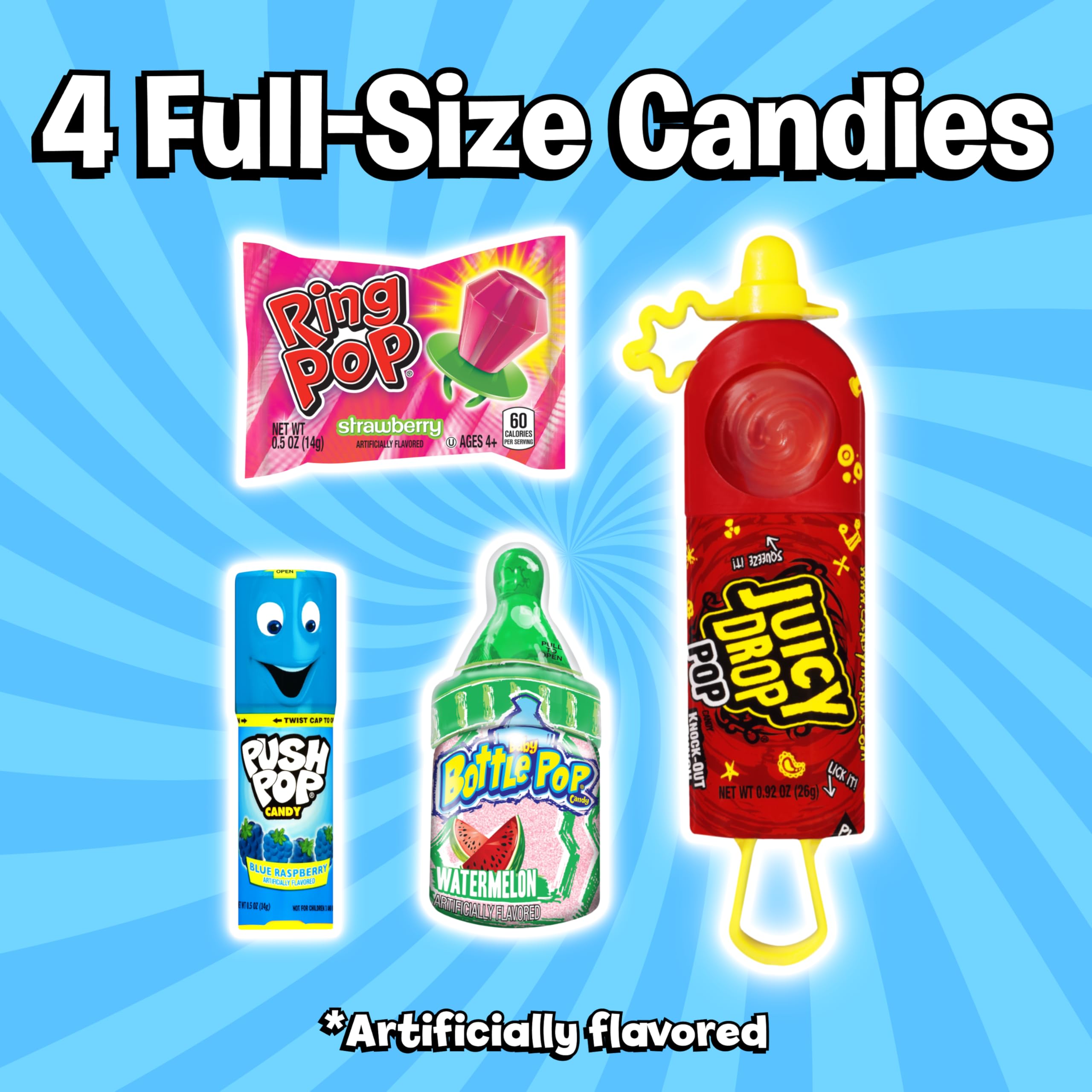 Assorted Candy Variety Pack 4 Count Lollipops - Ring Pop, Push Pop, Baby Bottle Pop & Juicy Drop - Ideal for Kids Party Favors, Party Favor Bags by Bazooka Brands