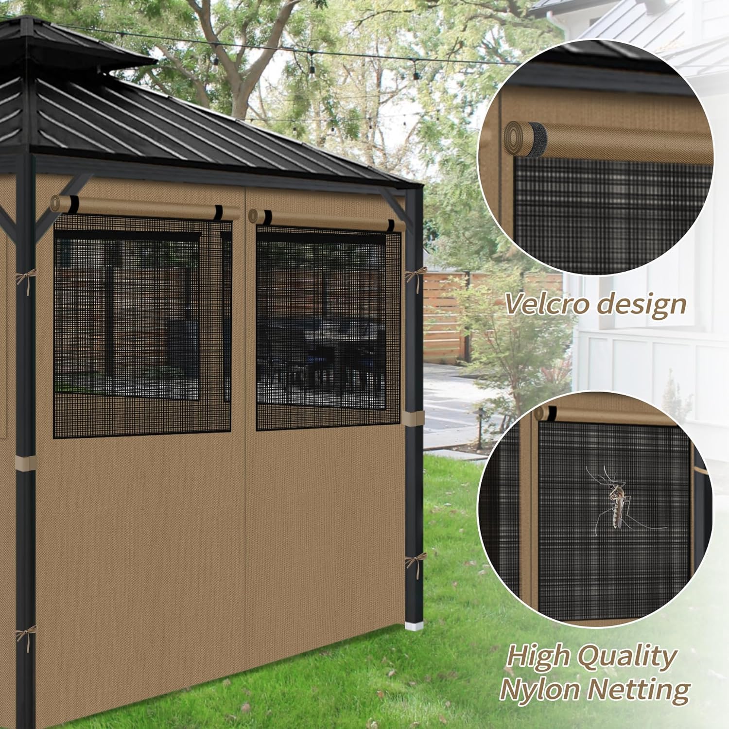 Gazebo Privacy Curtains 10' x 10' with Mosquito Windows, 4-Panels Side Wall with Zipper Universal Replacement for Patio, Outdoor Canopy, Garden and Backyard, Gray (Curtain Only)