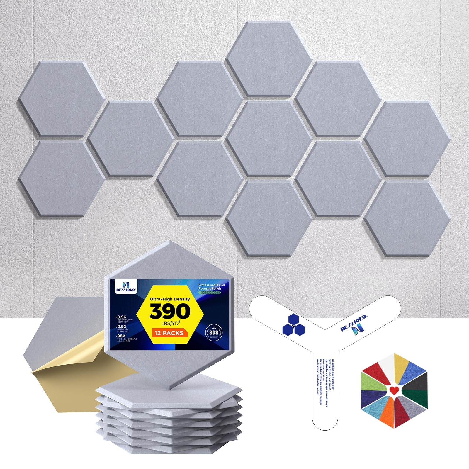 Self-Adhesive Acoustic Panels [390 lbs/yd³ Ultra-High Density], 2nd Generation Sound Absorbing Panel, Professional Level Sound Panel, Polyester Soundproof Foam [Medium Hexagon, Beige]