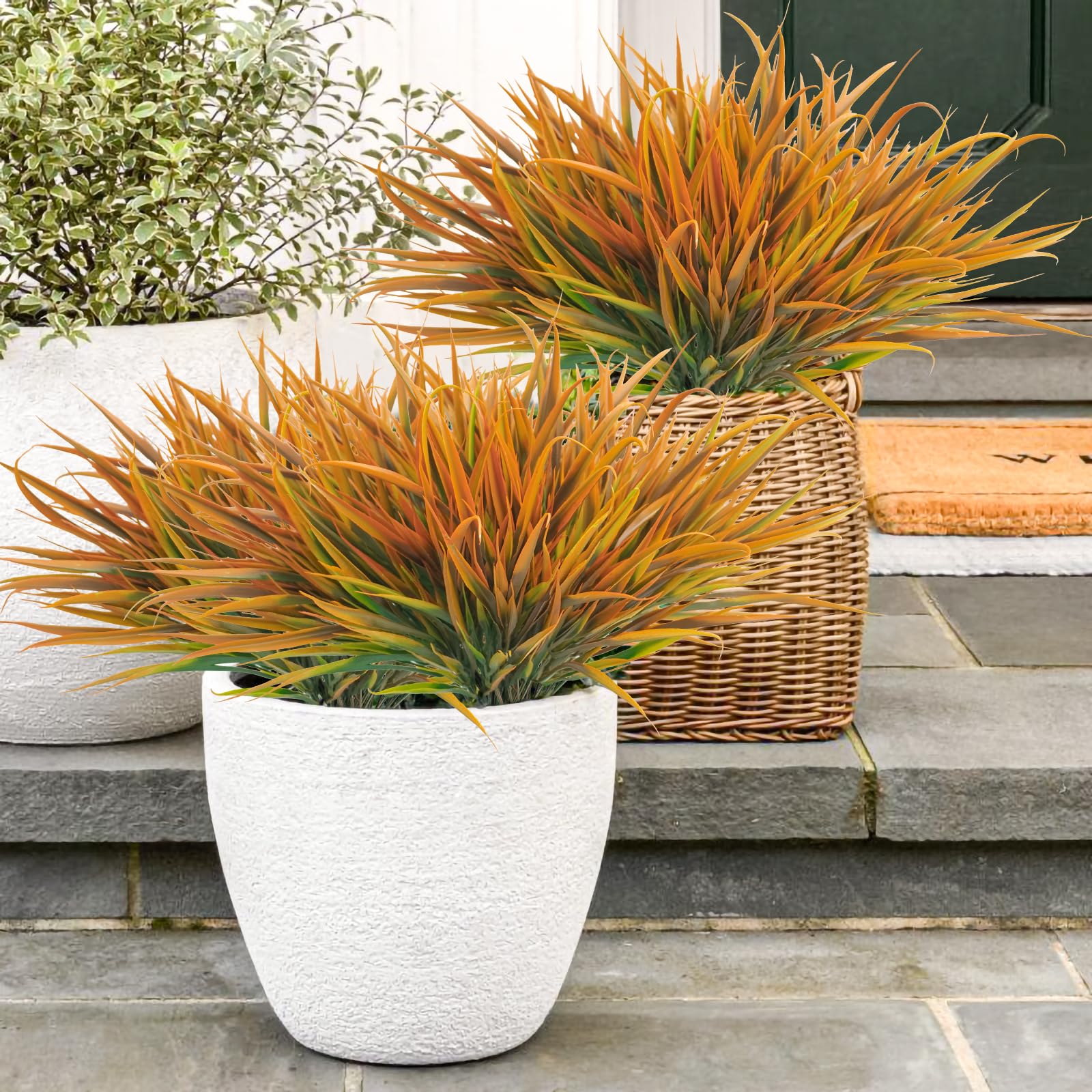 Uieke 28 Bundles Artificial Outdoor Plants UV Resistant Fake Grass Plants Faux Plastic Plants Greenery Shrubs for Home Garden Pathway Window Box Front Porch Cemetery Fall Decor, Autumn Red