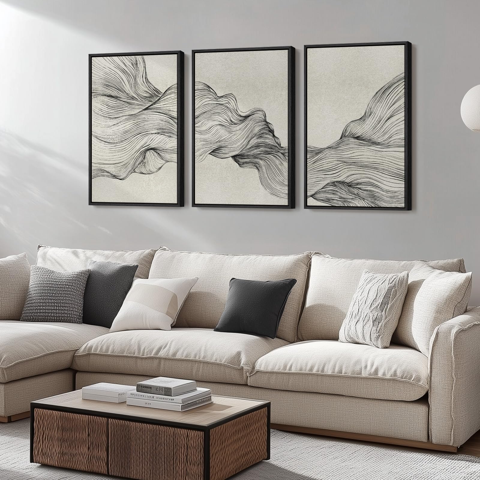 Framed Black and White Modern Abstract Wall Art, 3 Piece Canvas Prints Paintings Artwork for Walls, Minimalist Black White Grey Pictures for Living Room Dining Room Bedroom Office Wall Decor 16x24 In