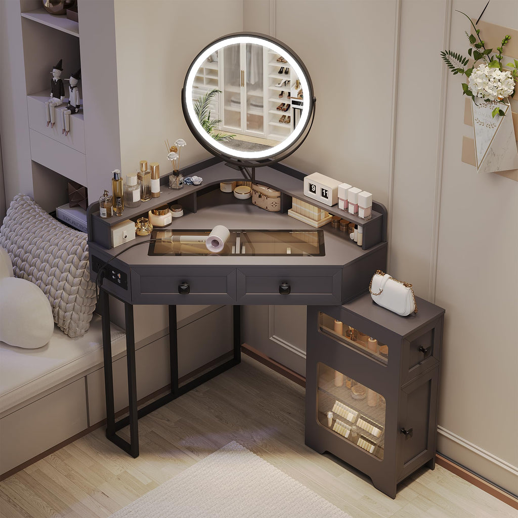 Corner Vanity Desk with Mirror and Lights, Modern Makeup Vanity with Charging Station & Human Sensor Light, Glass Top Dressing Table with 4 Drawers & Shelves for Bedroom (White)