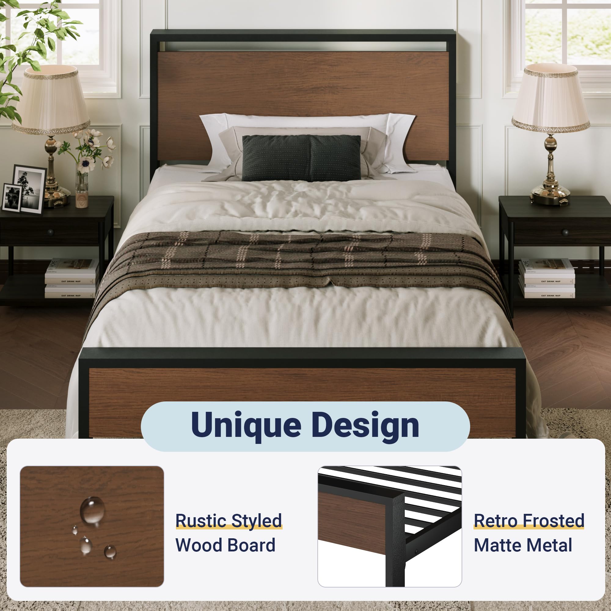 Allewie Twin Size Platform Bed Frame with Wooden Headboard and Footboard, Heavy Duty Metal Slats Support, No Box Spring Needed, Under-Bed Storage, Noise Free, Easy Assembly, Black Oak