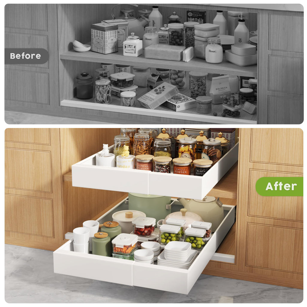 Seinloes 4 Pack Pull Out Cabinet Organizers 21" Deep With Raising Pad for Framed Cabinets, Expandable Width (15.2"-26.3") Slide Out Drawers Upgrade 3 Slide Rails, Roll Out Shelves Adhesive, Black