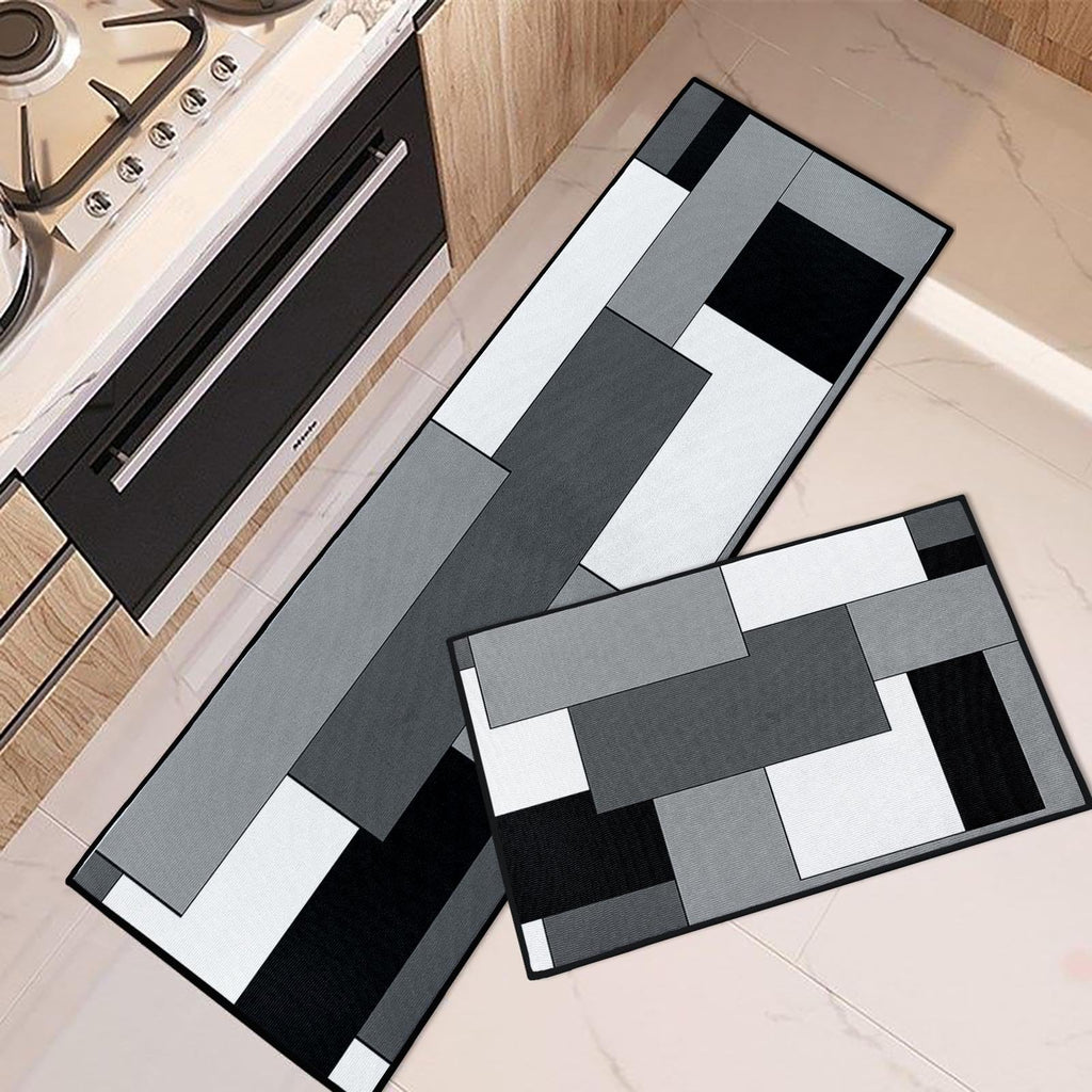 Blue Kitchen Rugs and Mats Non Skid Washable Set of 2, Grey White Modern Abstract Mats for Floor, Geometric Painting Runner Rug Graffiti Art Kitchen Decor