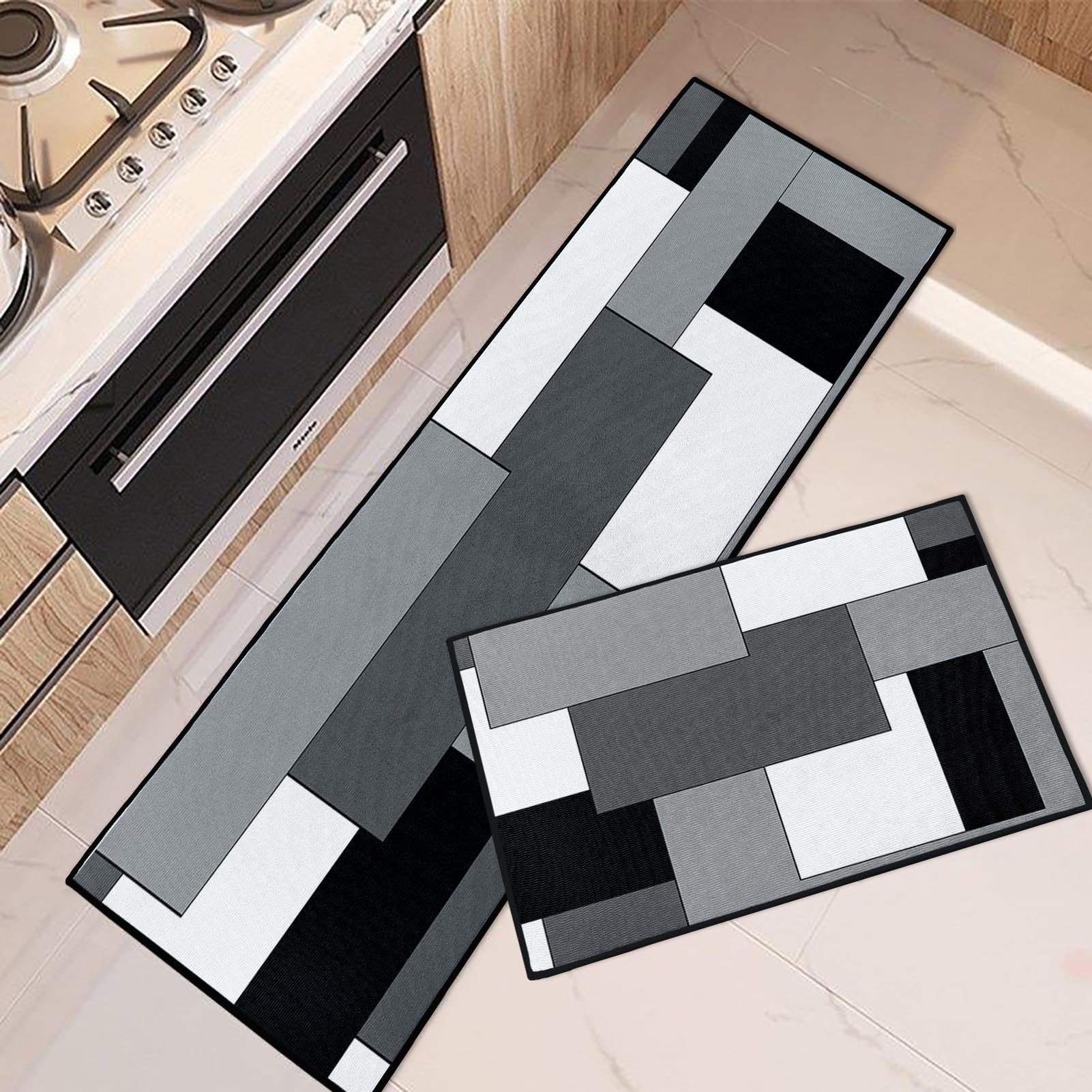 Blue Kitchen Rugs and Mats Non Skid Washable Set of 2, Grey White Modern Abstract Mats for Floor, Geometric Painting Runner Rug Graffiti Art Kitchen Decor