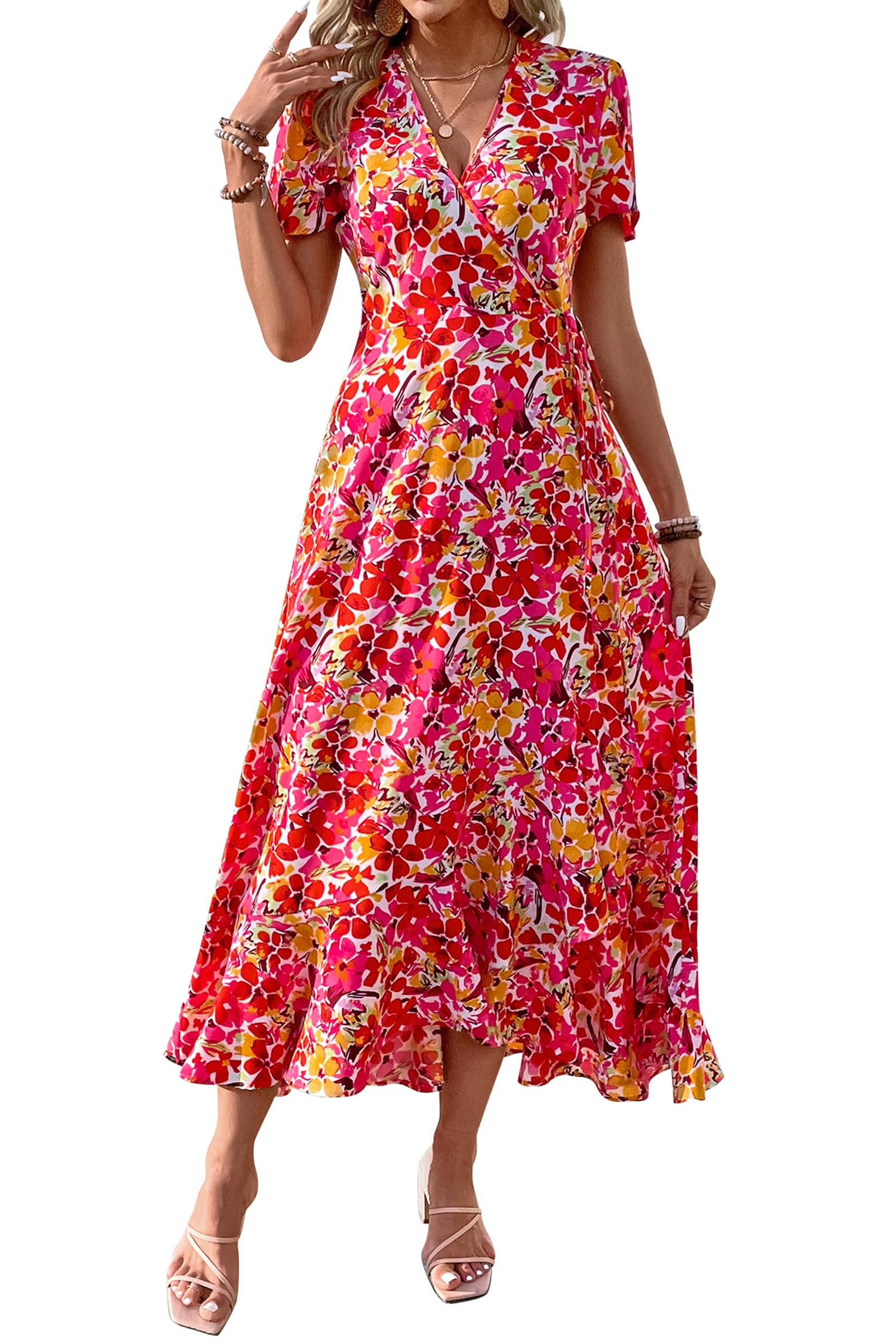 PRETTYGARDEN Women's Boho Floral Maxi Dress Summer Short Sleeve Wrap V Neck Long Flowy Beach Vacation Wedding Guest Dresses