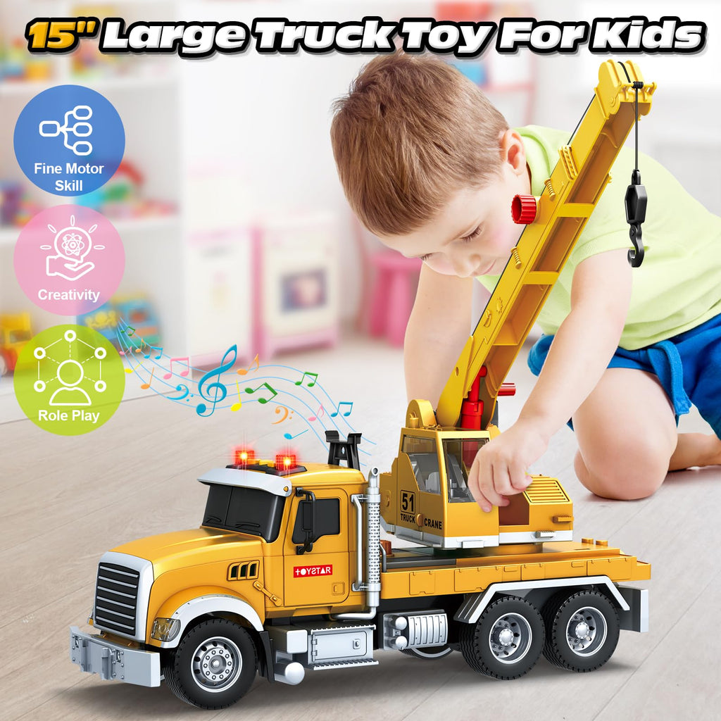Bstoyder Kids Toys for 3 4 5 6 7 8 Years Old Boys, 15" Crane Truck Toy with Lights, Sounds, Toddler Friction Powered Truck Vehicle Toy for Boys Girls Birthday Gifts