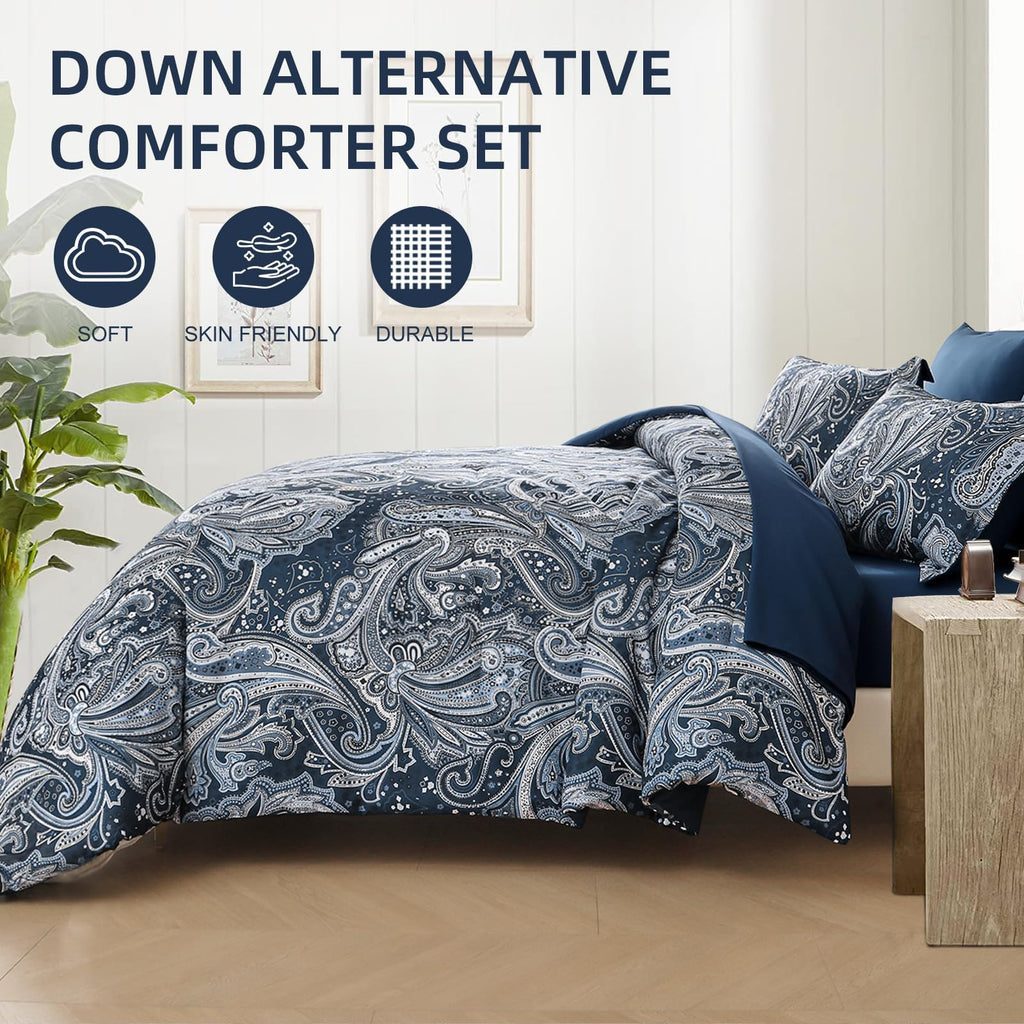 DJY Black Paisley Comforter Set Full Size 7 Piece Bed in a Bag Black and Grey Boho Paisley Pattern Comforter Set Soft Lightweight Microfiber Reversible Bedding Set for All Season