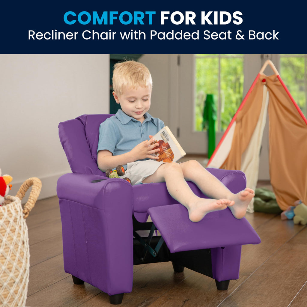 Flash Furniture Vana Vinyl Kids Recliner with Cup Holder, Headrest, and Safety Recline, Contemporary Reclining Chair for Kids, Supports up to 90 lbs., Beige