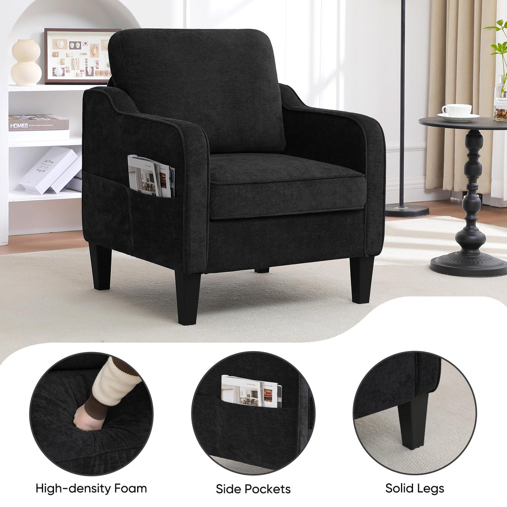 Accent Chair for Living Room, Mid Century Modern Reading Chair for Bedroom, Upholstered Armchair with Side Pockets, Comfy Single Sofa Side Chair for Office, Apartment, Small Room, Beige