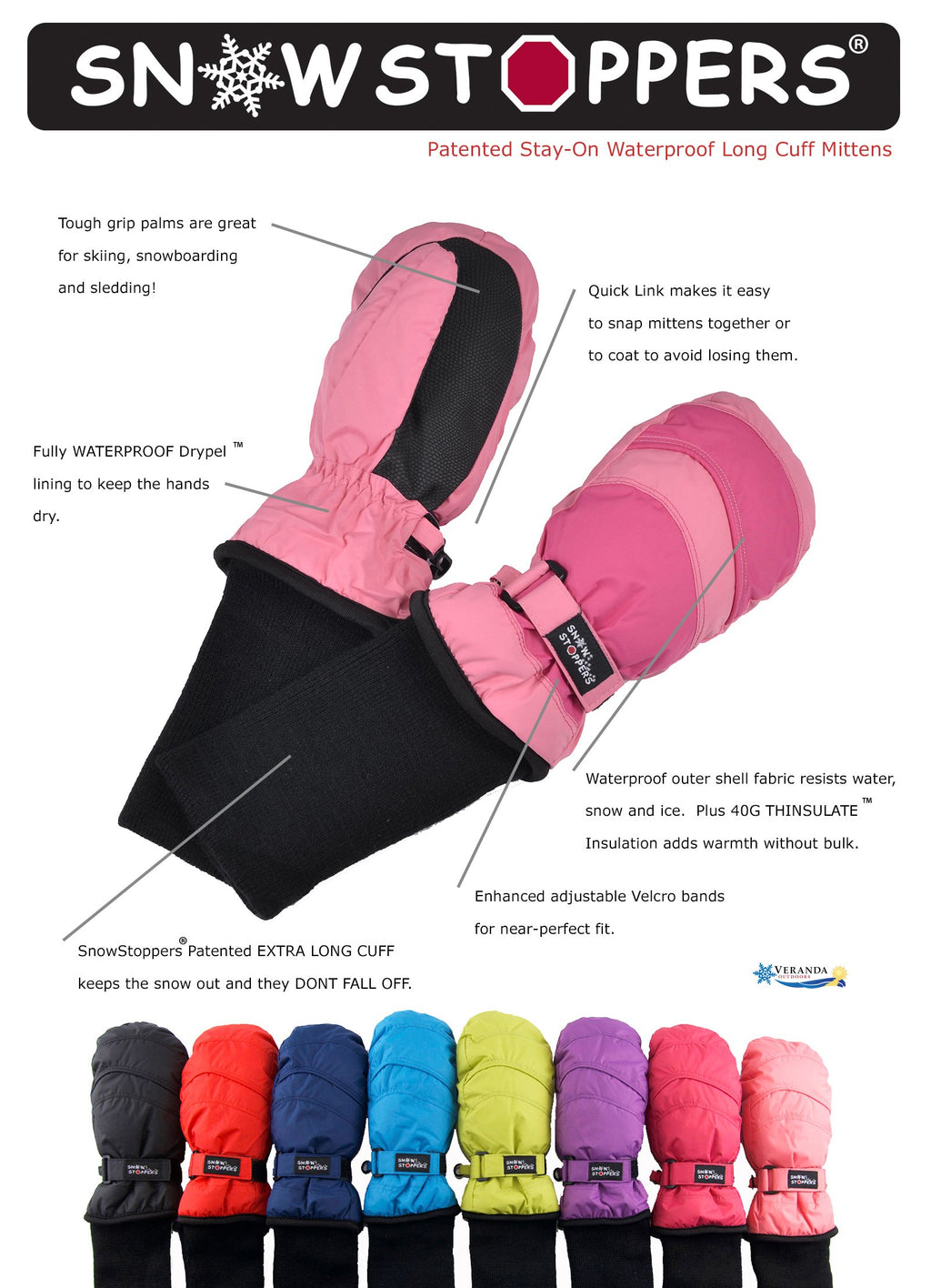 SnowStoppers Kids Waterproof Long Cuff Winter Mittens
