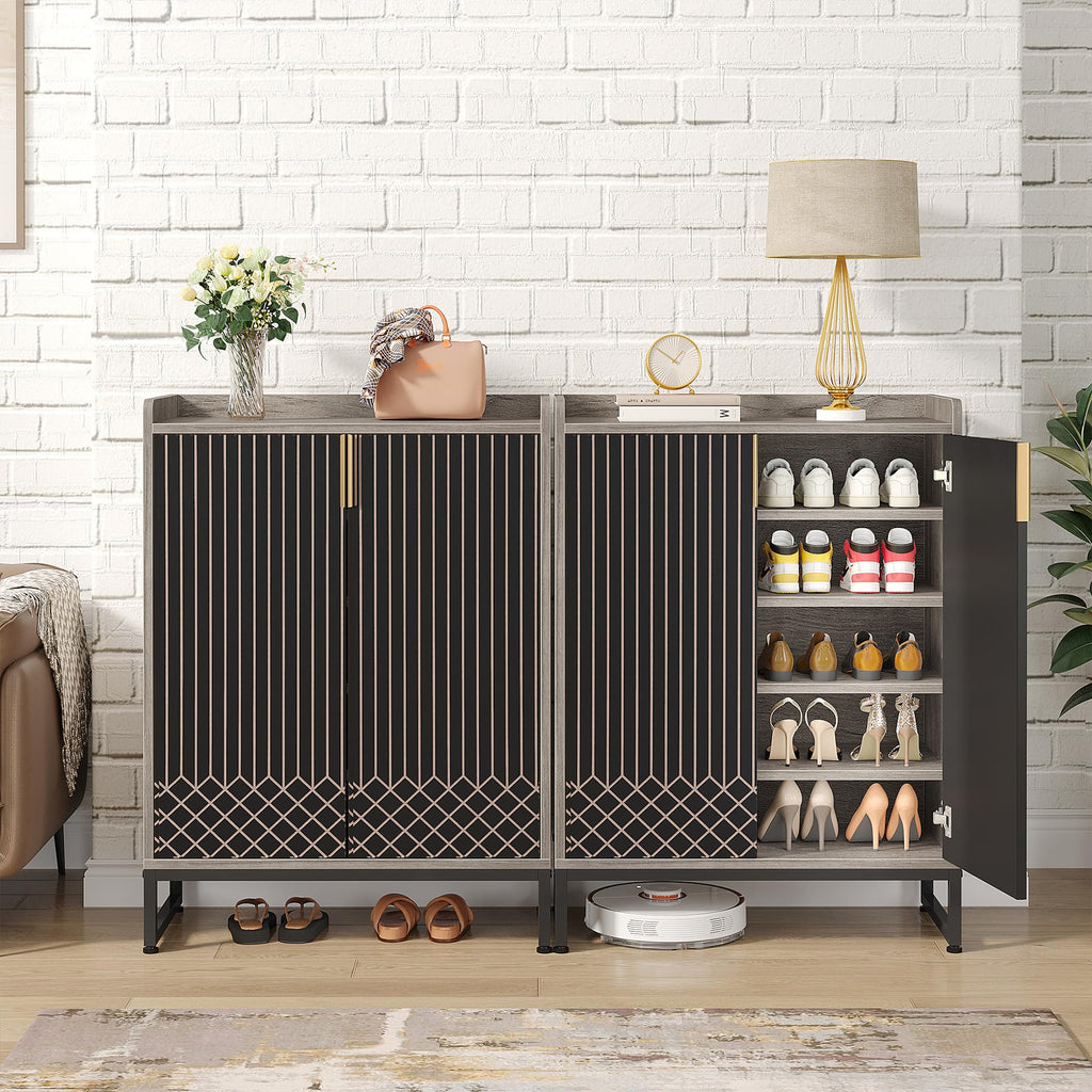 Tribesigns Modern Shoe Cabinet for Entryway, 25 Pairs Shoe Cabinet with Doors, Wood 5-Tier Shoe Organizer, Freestanding Brown Shoe Storage Cabinets with Black Metal Frame for Bedroom Living Room
