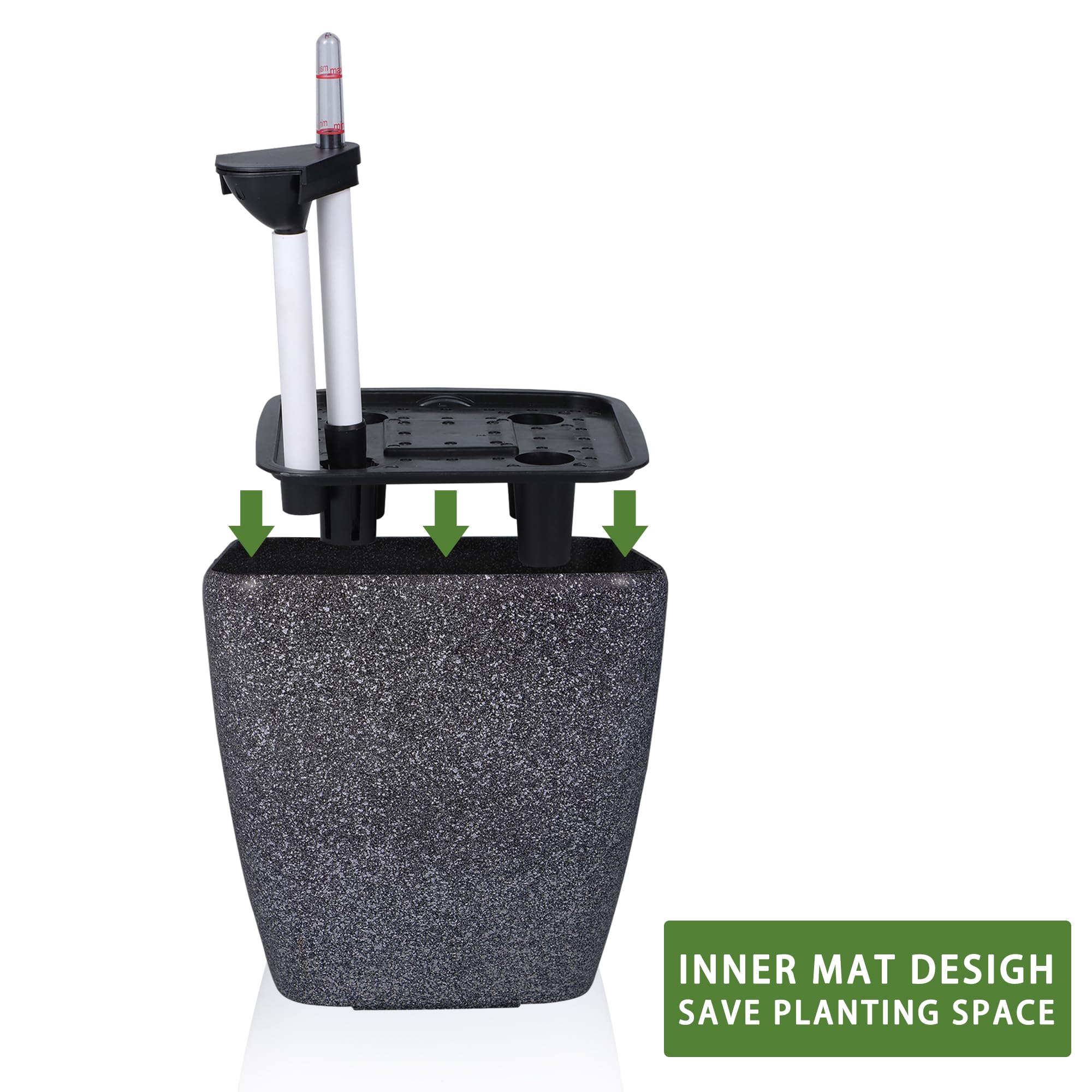 Dexceder 9x8 Self Watering Planter (Black High Gloss) | Inner Mat Design, Thickened Table Flower Plant Pot with Water Level Indicator Indoor Outdoor
