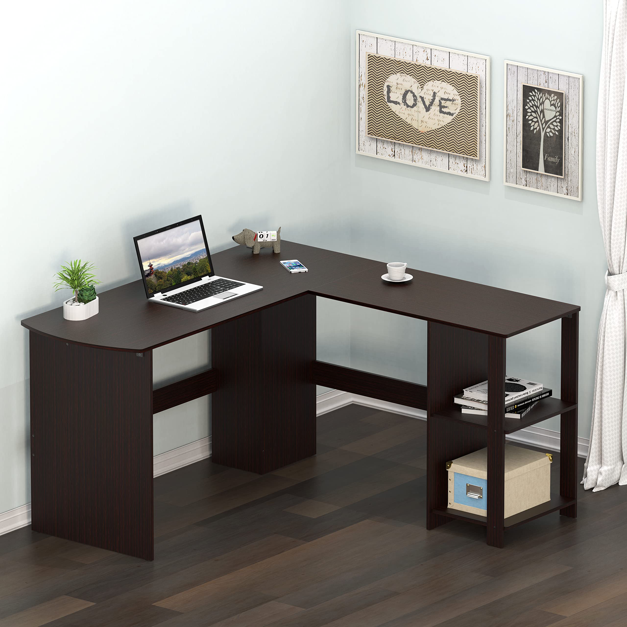 SHW 51 x 51 Inches L-Shaped Home Office Wood Corner Desk wtih Storage, Black