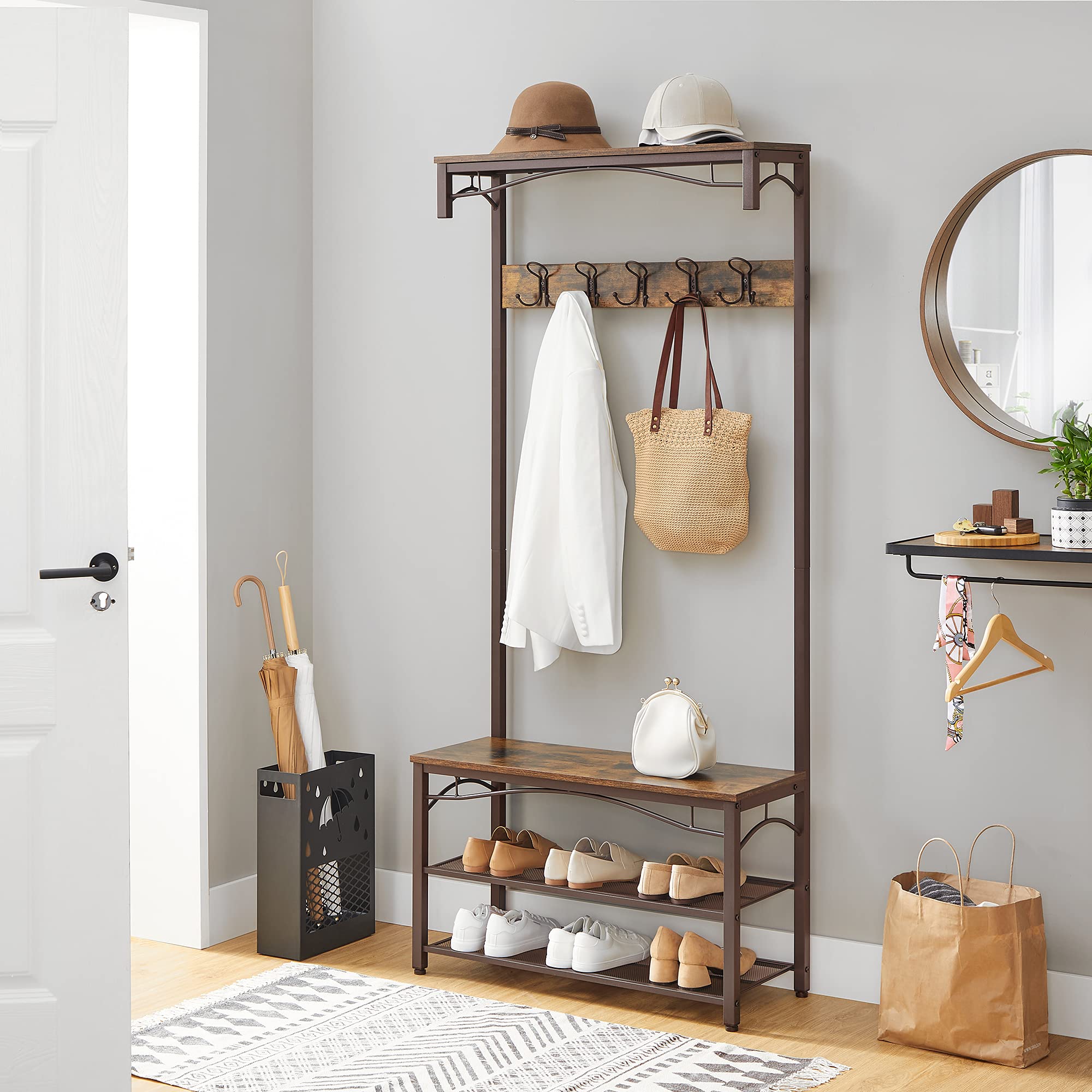 VASAGLE Shoe Bench Rack, 3-Tier Storage Shelf for Entryway Hallway Living Room, Industrial Accent Furniture with Steel Frame, 12.6 x 31.5 x 70.3 Inches, Greige