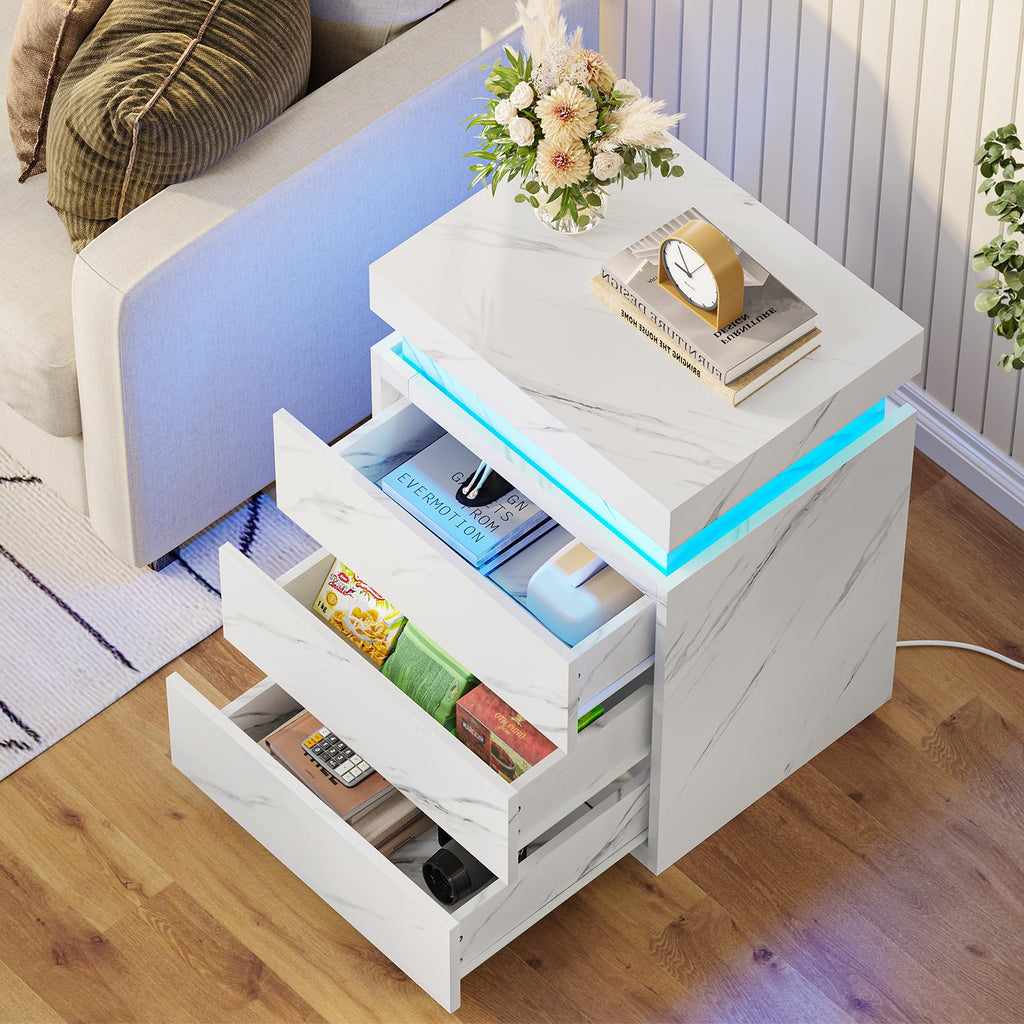 BTHFST LED Nightstands Set of 2,Night Stands for Bedroom Set of 2,Nightstand with Charging Station and Sliding Top,Bedside Table with Power Outlets & Drawers,Modern End Side Table (Black)