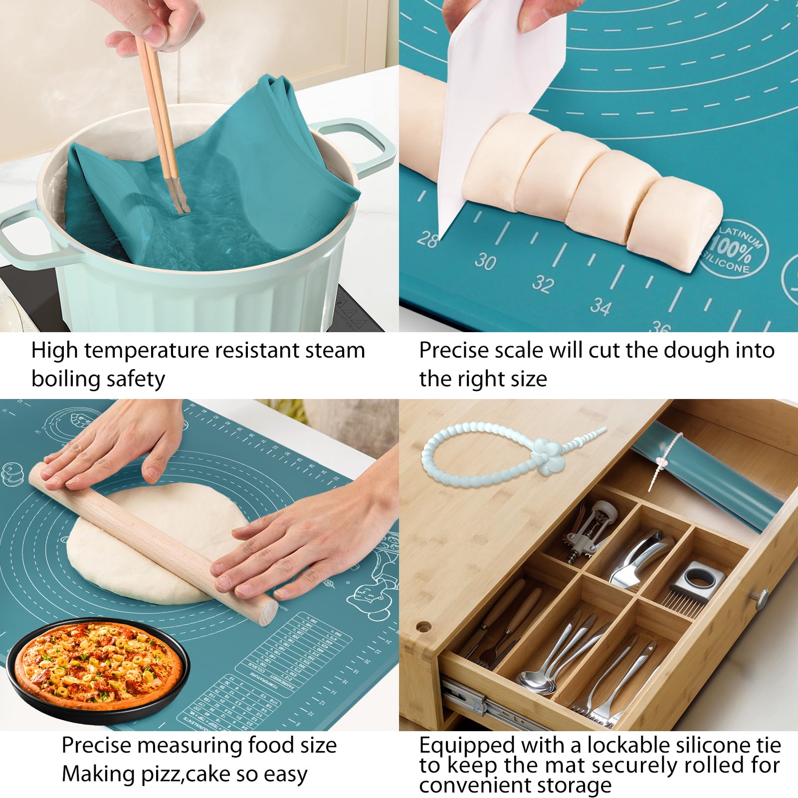 Silicone Baking Mat 24" x 16" Extra Thick Non-stick Pastry Mat with Measurements and Edge Heightening, Food Grade Silicone for Countertop Dough Rolling Making Bread, Cookies, Pizza, Fondant, Pasta