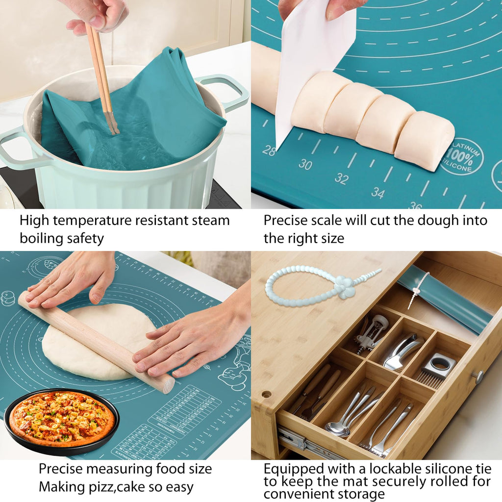 Silicone Baking Mat 24" x 16" Extra Thick Non-stick Pastry Mat with Measurements and Edge Heightening, Food Grade Silicone for Countertop Dough Rolling Making Bread, Cookies, Pizza, Fondant, Pasta