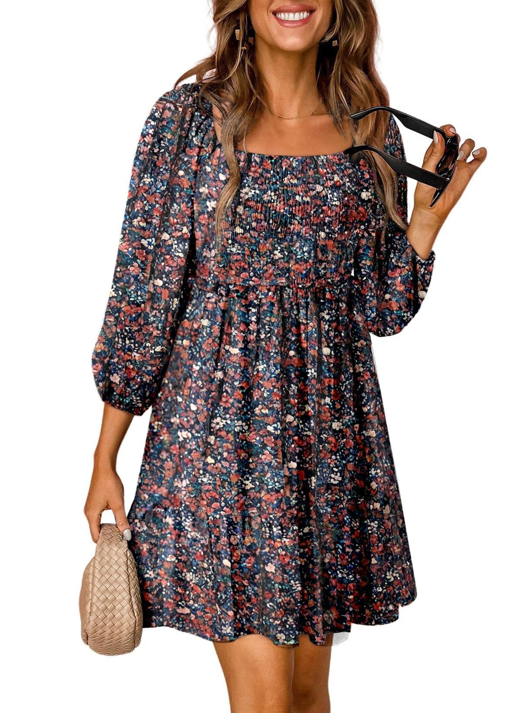 Dokotoo Fall Dresses for Women 2025 Boho Floral Square Neck Smocked 3/4 Sleeve Casual A-Line Swing Mini Dress Sundress