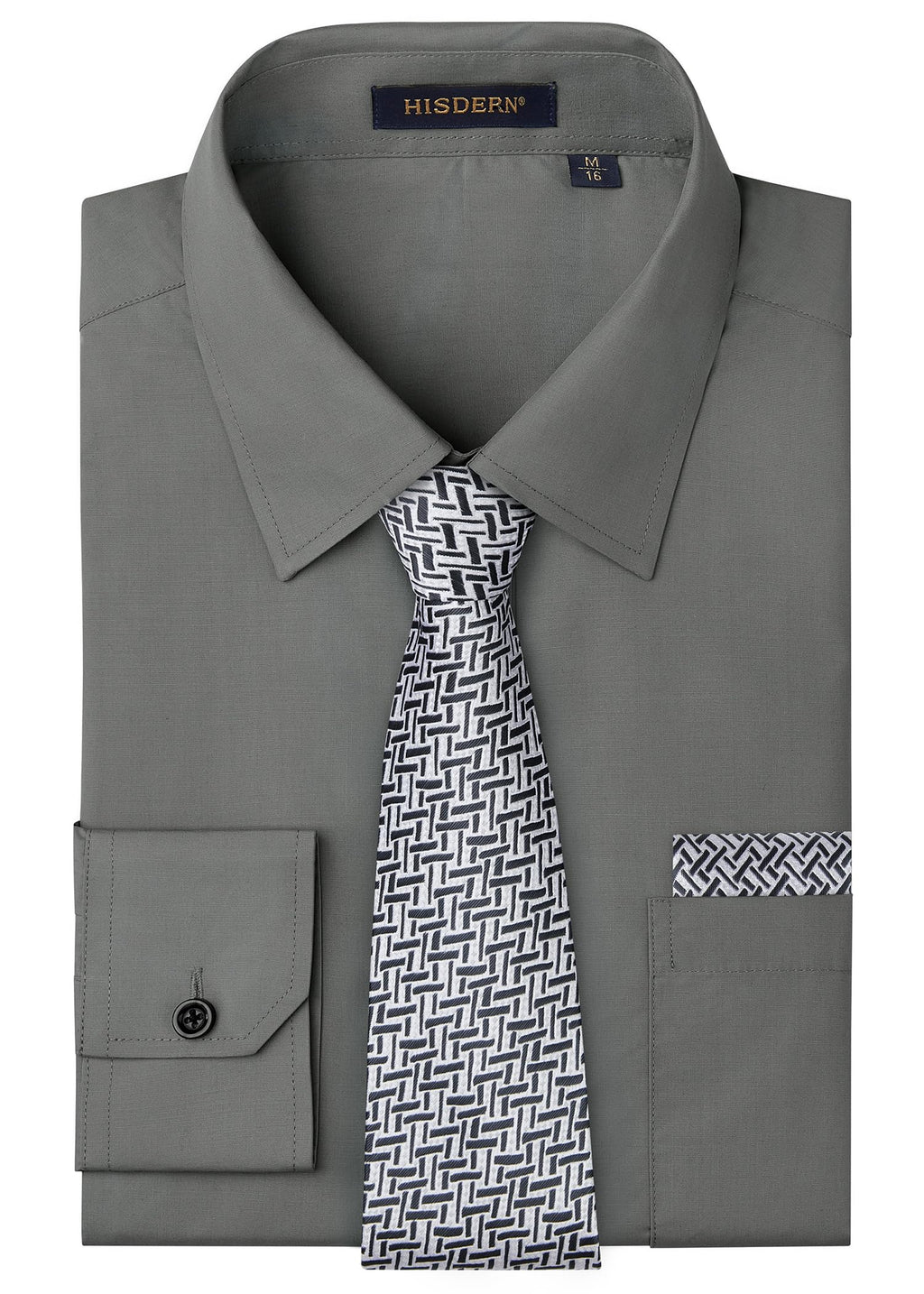 HISDERN 503 Mens Dress Shirt Slim Fit Long Sleeve Button Down Wrinkle Free Set with Tie Pocket Square Formal Business Wedding