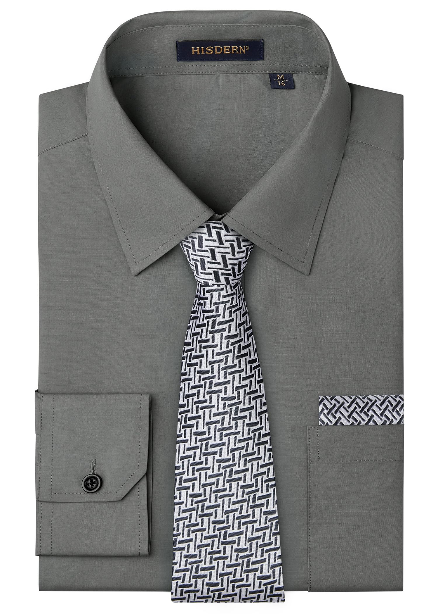 HISDERN 503 Mens Dress Shirt Slim Fit Long Sleeve Button Down Wrinkle Free Set with Tie Pocket Square Formal Business Wedding