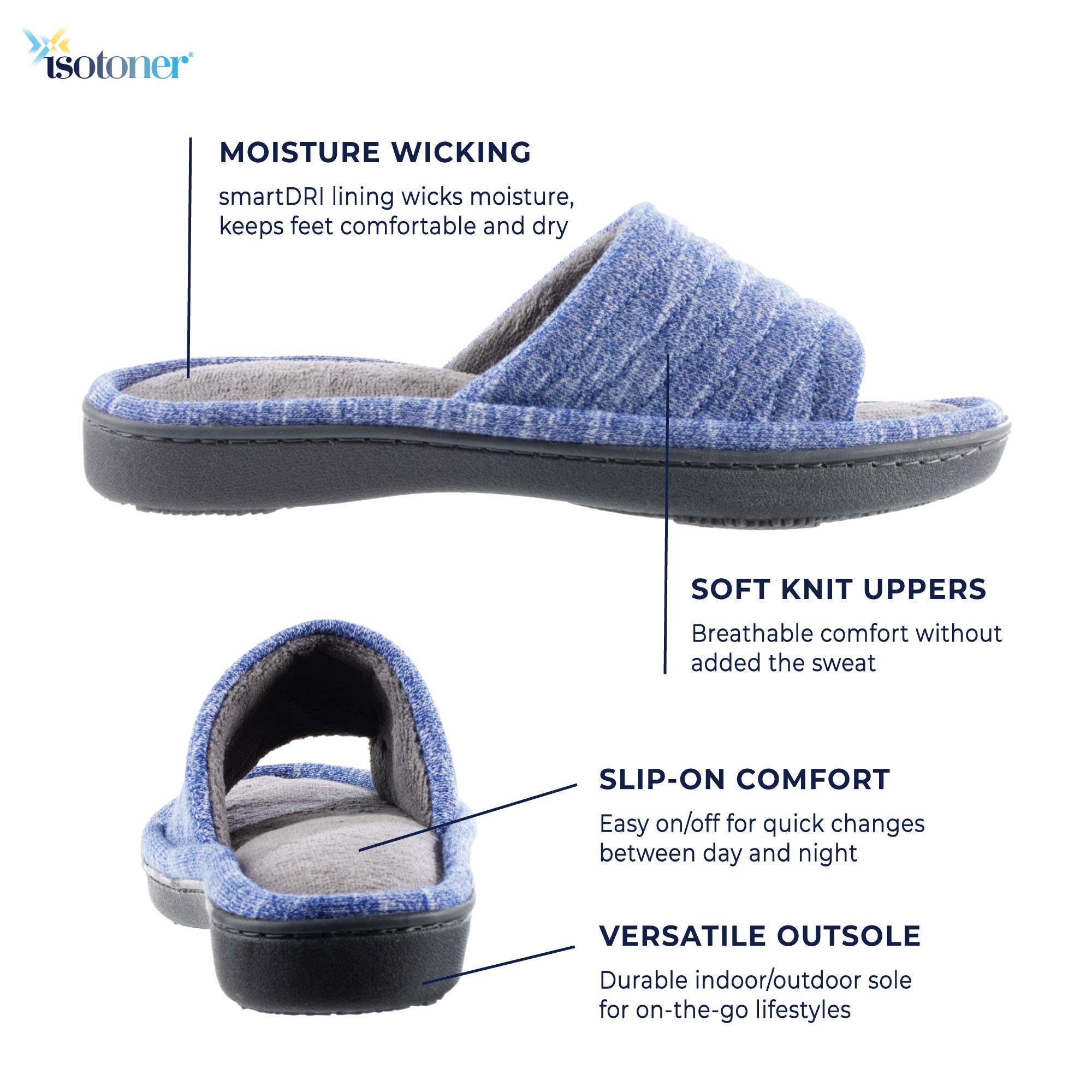 Isotoner Women's Premium Knit Slide Slippers - Moisture-Wicking Lining, Rubber Indoor/Outdoor Sole - Machine Washable House Shoes