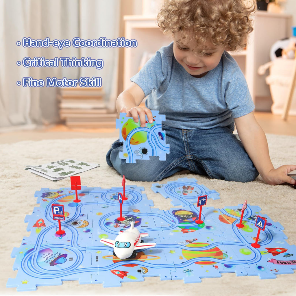 Puzzle Track Car Play Set with 12 Dinosaur Figures, Plastic Railcar Floor Puzzles for Kids Ages 3-5 with Vehicles, Toys Gifts for 3 4 5 6 Year Old Boys