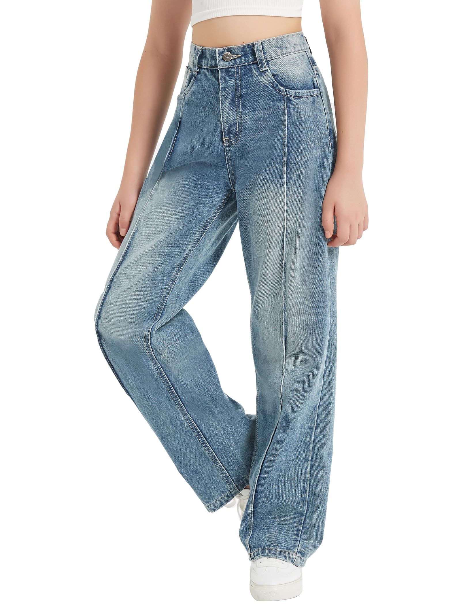 EXARUS Girls Jeans Baggy Wide Leg Cute Teen Tween Long Denim Pants Clothes Tall Junior Elastic Band Pockets