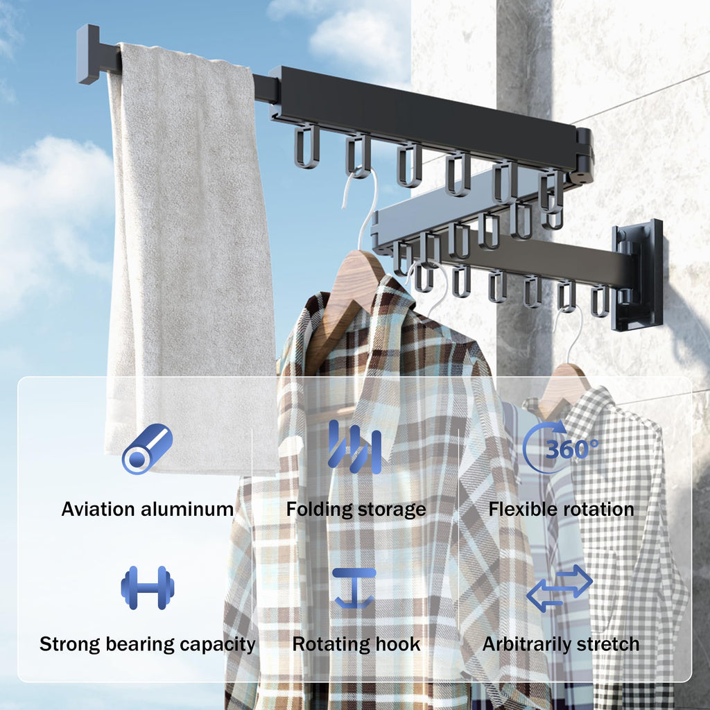 HEILAIYI Clothes Drying Rack for Laundry,Wall Mounted Clothes Hanger Rack,Folding,Retractable,Collapsible(J Shape Hooks)