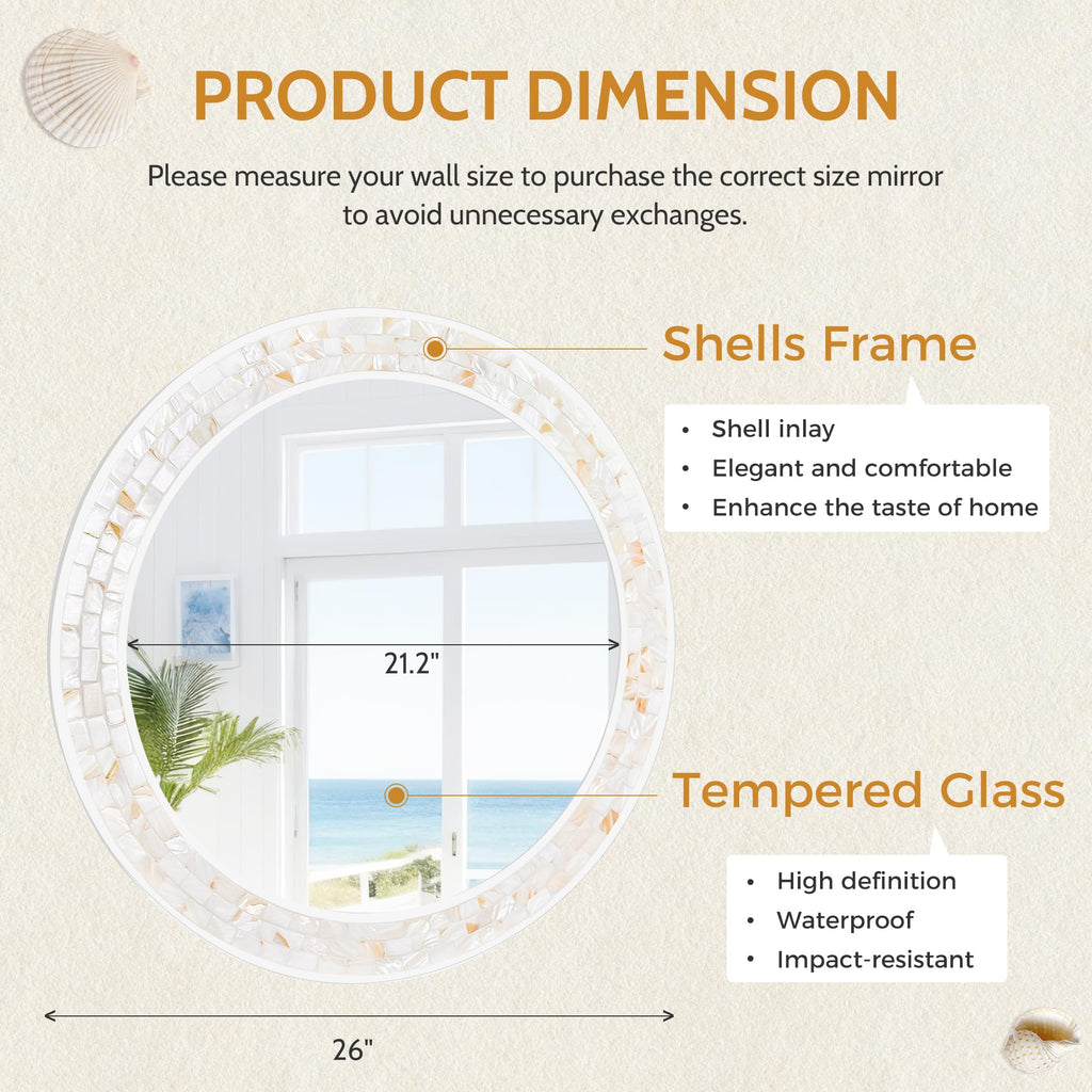 Tanmicoshomy Round Wall Mirror 24 Inch,Circle Mosaic Mirror with Natural Mother of Pearl and Wood Frame, Decorative Coastal Round Wall Mirror for Bathroom Bedroom Living Room Entryway