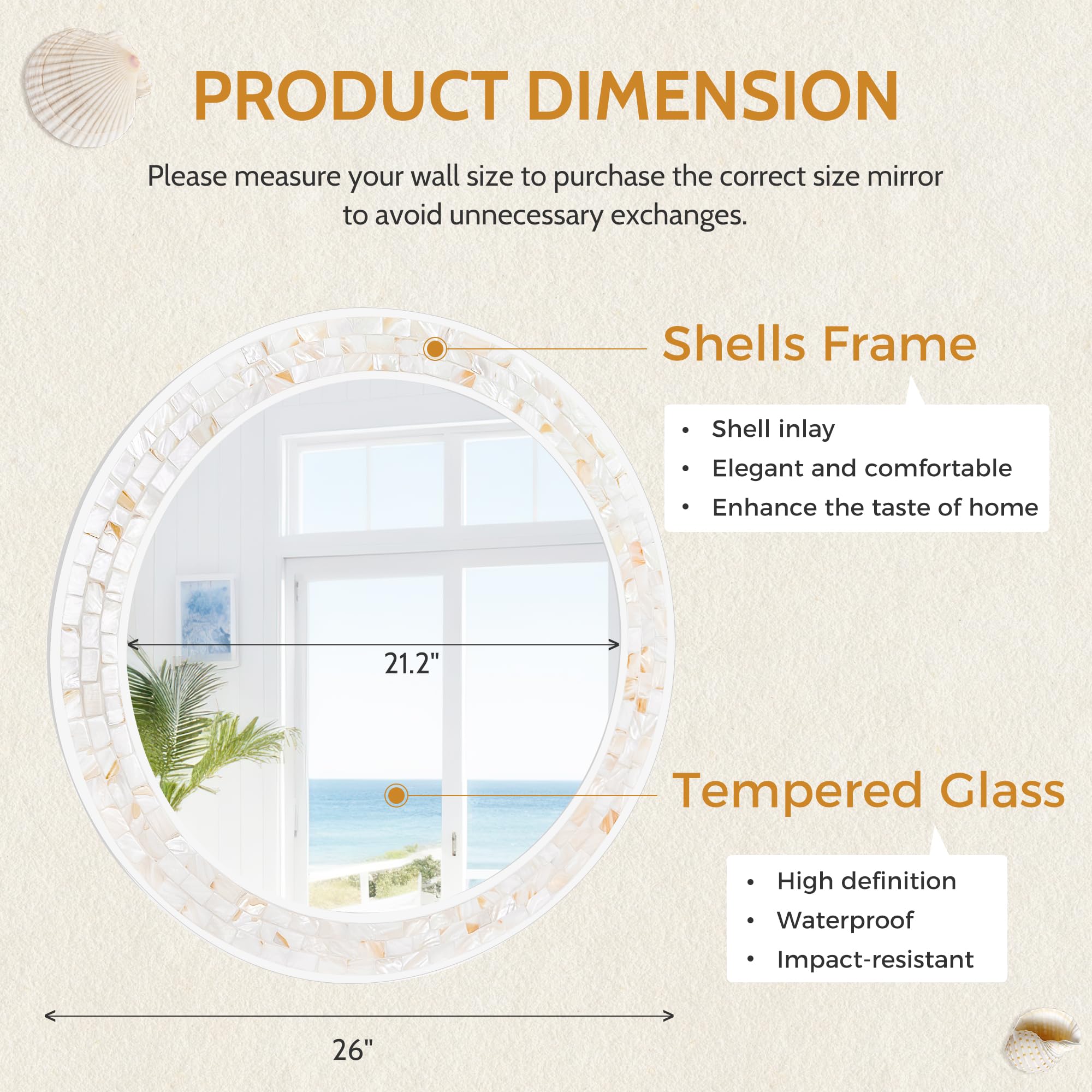 Tanmicoshomy Round Wall Mirror 24 Inch,Circle Mosaic Mirror with Natural Mother of Pearl and Wood Frame, Decorative Coastal Round Wall Mirror for Bathroom Bedroom Living Room Entryway