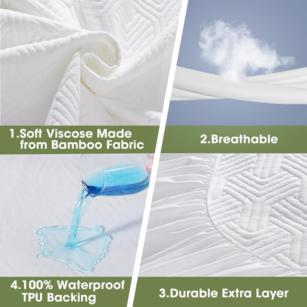 HYLEORY Queen Size Mattress Protector - Waterproof Bamboo-Viscose Cooling Mattress Pad Cover, Breathable 3D Air Fabric, Noiseless Washable Fitted Sheets Protectors with Deep Pocket Up to 21", White