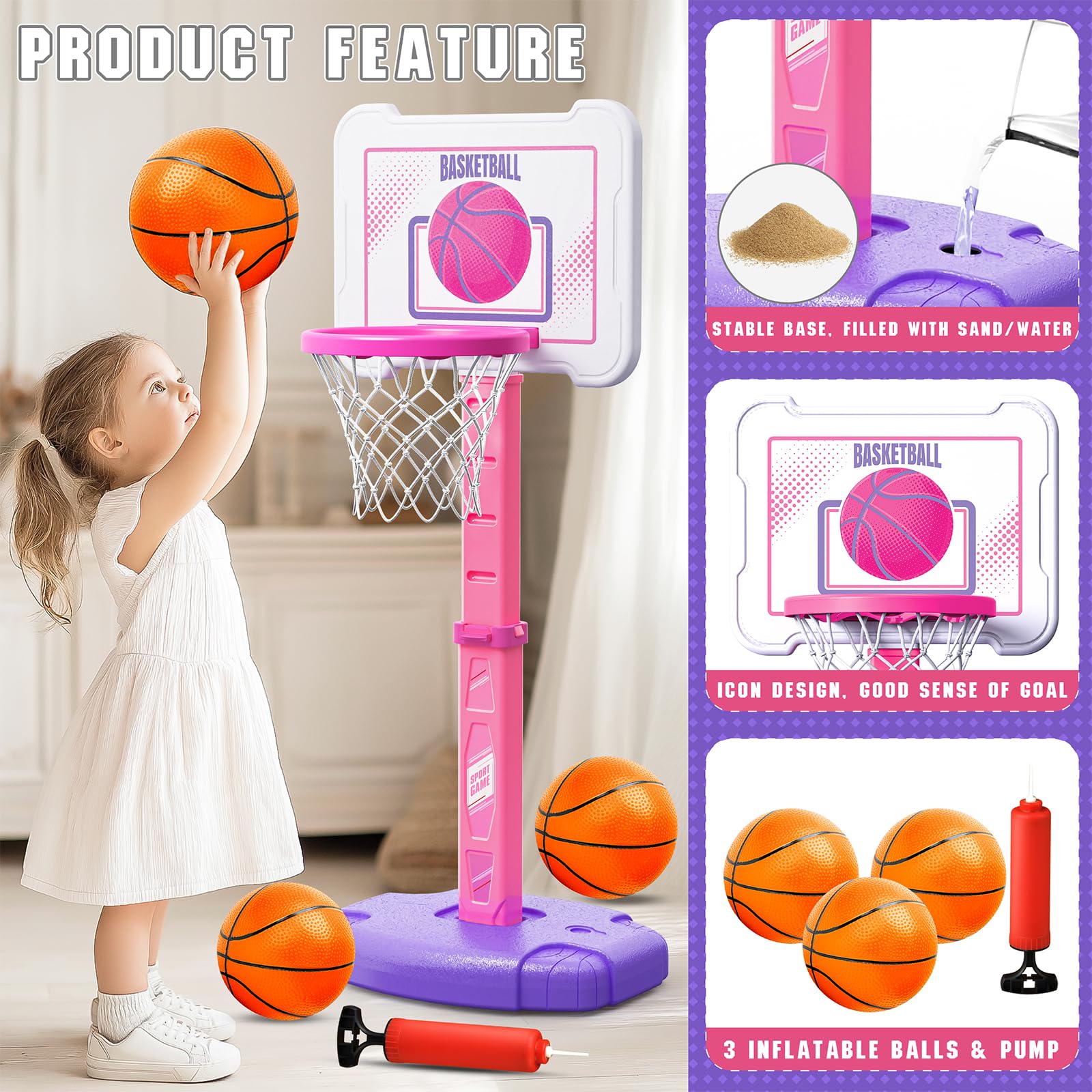 Toddler Basketball Hoop Indoor for Age 1-3, Height Adjustable Poolside Basketball Hoop with 3 Balls for Outdoor Game, Basketball Goal Sport Toys Birthday for Boys Girls 1 2 3 Year