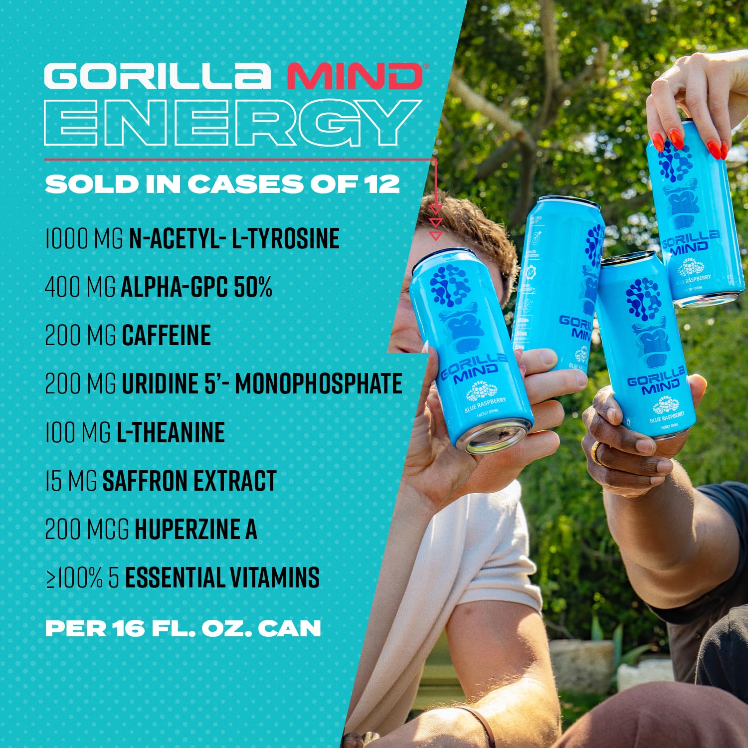 Gorilla Mind Energy Drink | Unmatched Energy · Amplified Focus | N-Acetyl-L-Tyrosine, Alpha-GPC, 200mg Caffeine, Uridine, Saffron | 0 Sugar Or Artificial Colors | 16oz, 12-Pack (Orange Ice Dream)