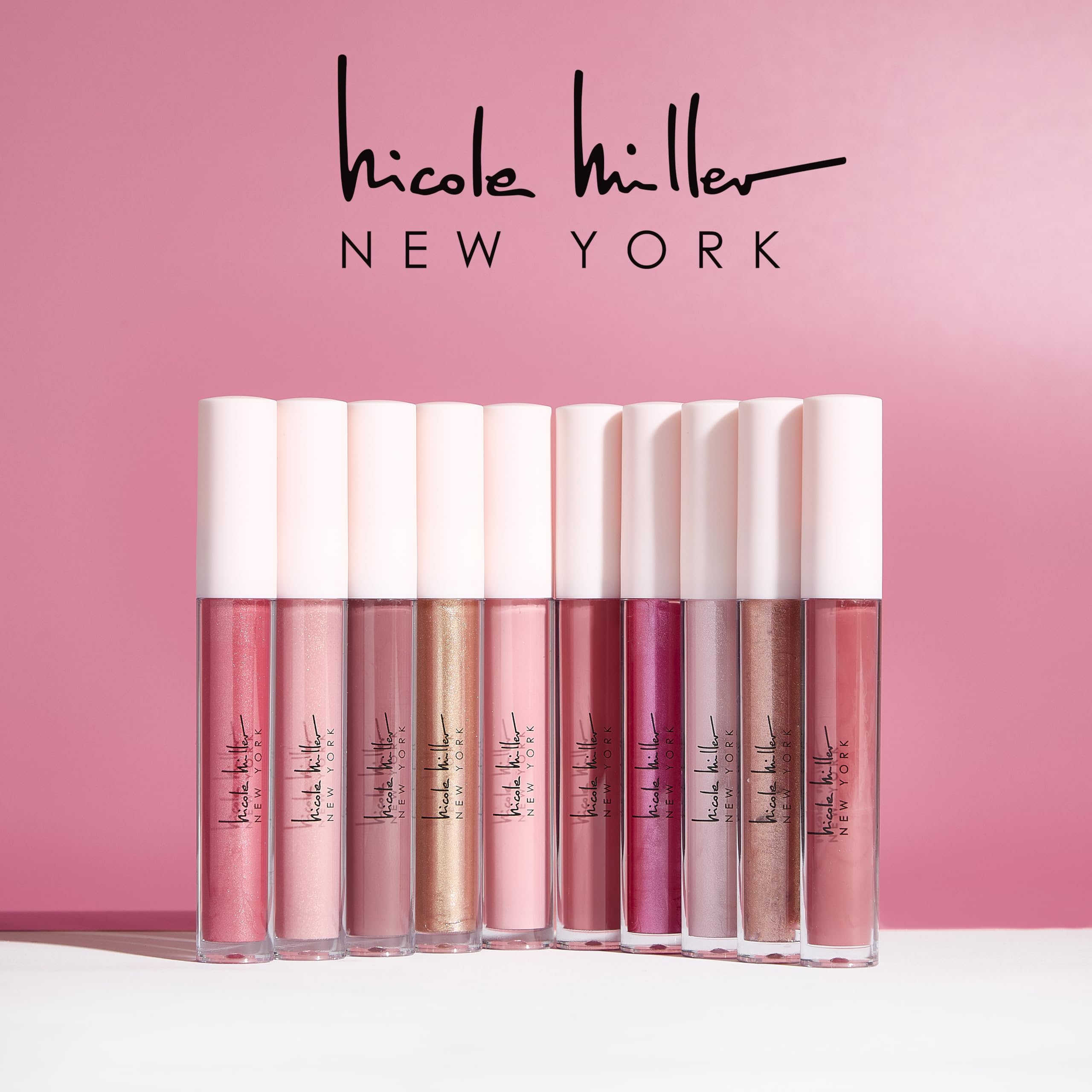 Nicole Miller Lip Gloss Collection Shimmery Glosses for Women and Girls Long Lasting Color Set with Rich Varied Colors, Flowery Pink, 10 Count (Pack of 1)