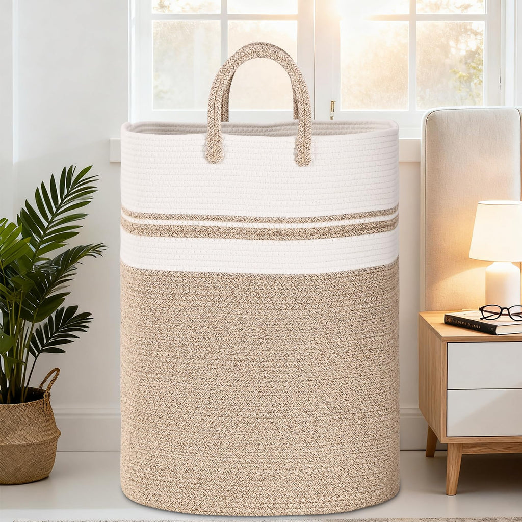Woven Laundry Basket for Clothes, 50L Large Rectangle Laundry Hampers with Beads Tassel, Nursery Storage Basket for Toys, Tall Dirty Clothes Hamper for Bedroom Aesthetic, Laundry Room Organization