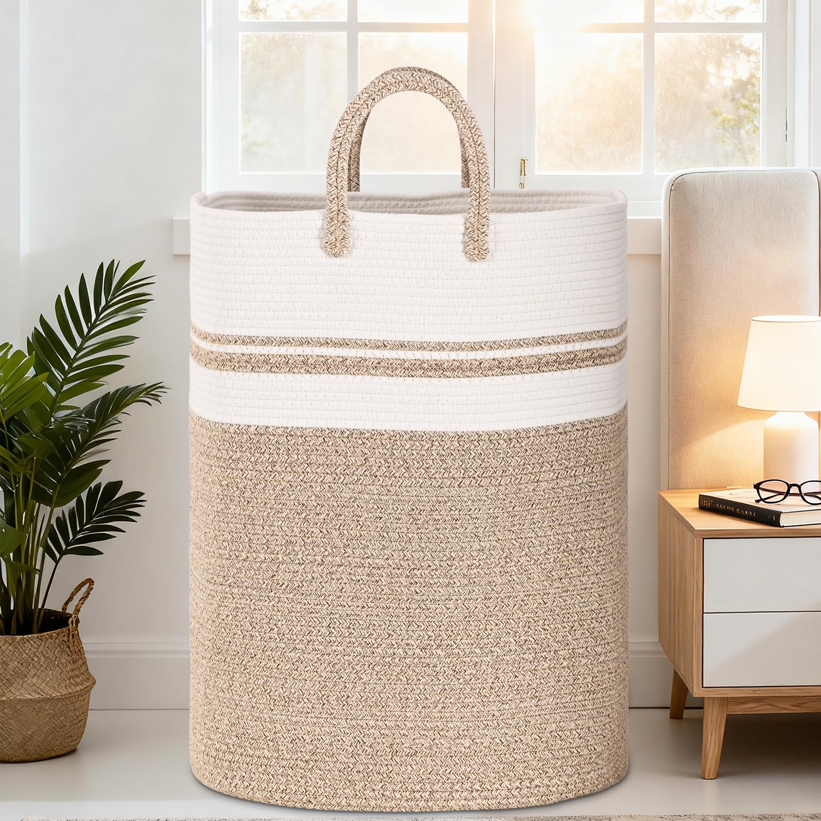 Woven Laundry Basket for Clothes, 50L Large Rectangle Laundry Hampers with Beads Tassel, Nursery Storage Basket for Toys, Tall Dirty Clothes Hamper for Bedroom Aesthetic, Laundry Room Organization