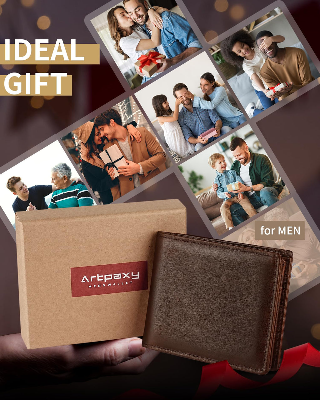 Artpaxy Mens Wallet Genuine Leather Bifold RFID Blocking Wallet for Men with 1 ID Window 13 Card Holders 2 cash pockets 1 Gift Box