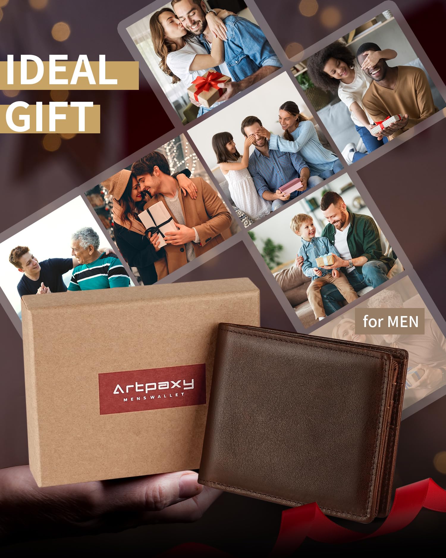 Artpaxy Mens Wallet Genuine Leather Bifold RFID Blocking Wallet for Men with 1 ID Window 13 Card Holders 2 cash pockets 1 Gift Box