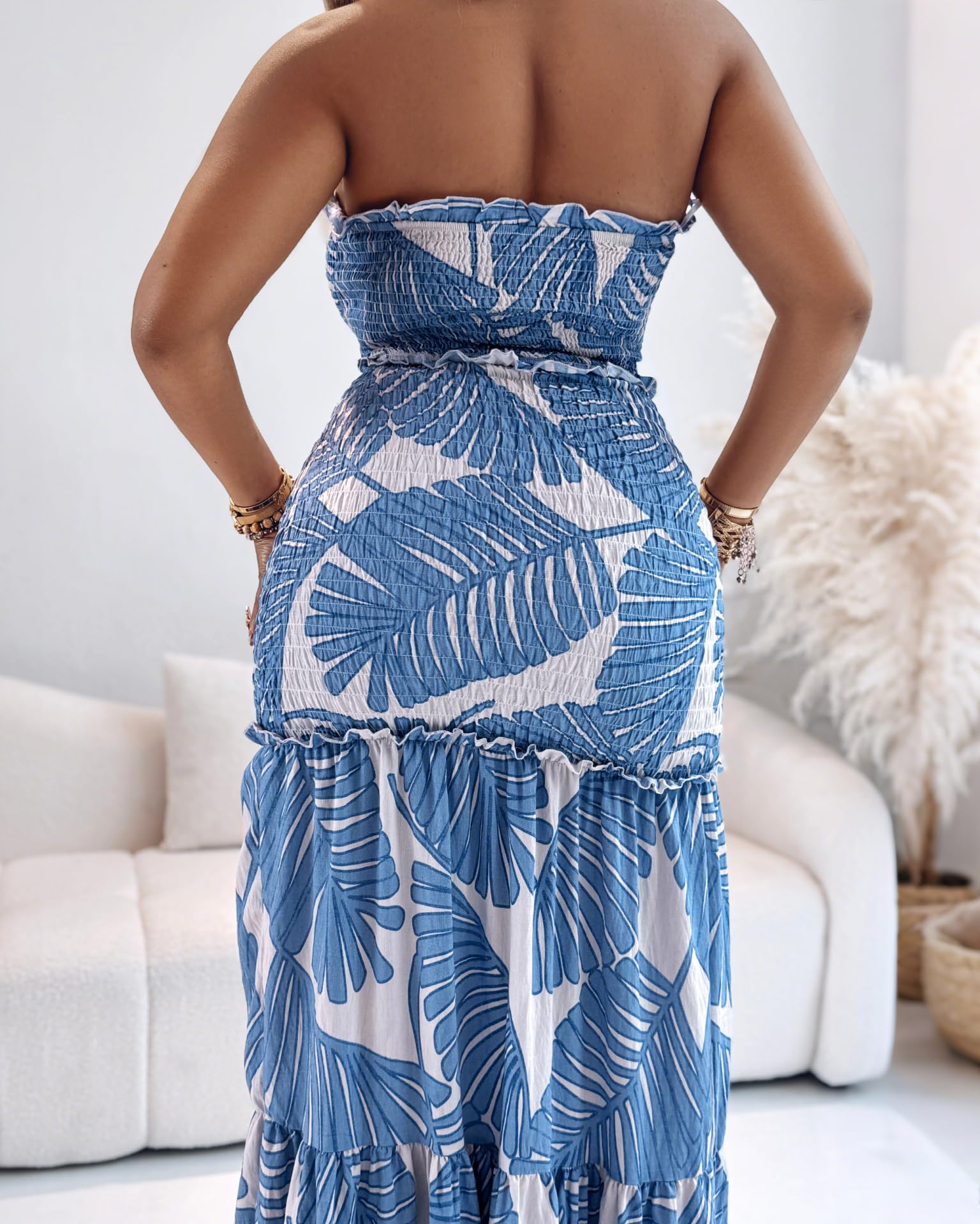 CHICME Floral Printed Vacation Dress Halter Tie Ruched Shirred Bandeau Party Dress Slim Ruffle Hem Wedding Guest Dress