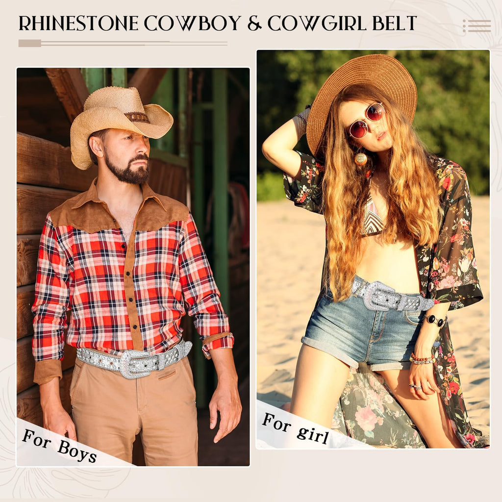 Men Women's Rhinestone Bling Studded 1.5" Leather Belts for Jeans Pants with Fashion Silver Buckle