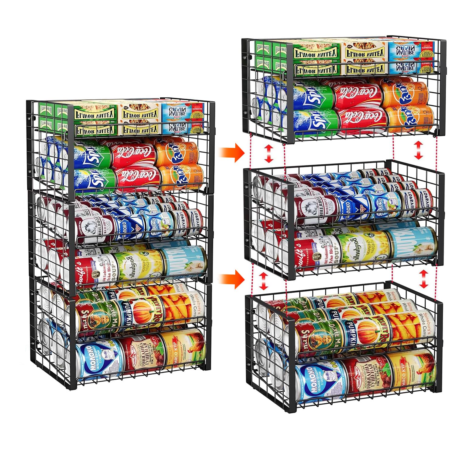 JKsmart 3-Tier Stackable Can Rack Organizer for Pantry, Adjustable Can Storage Holder for Various Ounces of Canned food Soda Drinks, Can Dispenser for Kitchen Cupboard Cabinet, 2 Pack